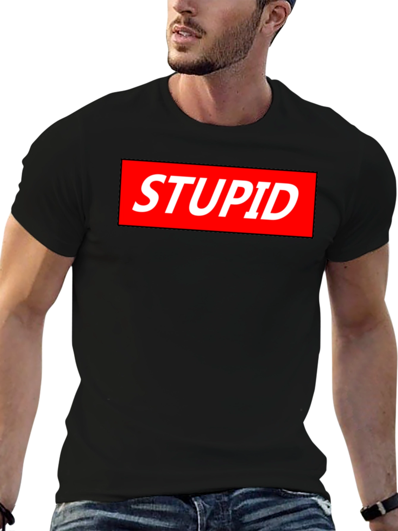 Black Statement Tee: Stupid Red Box Logo - Bold Black Shirt view 6