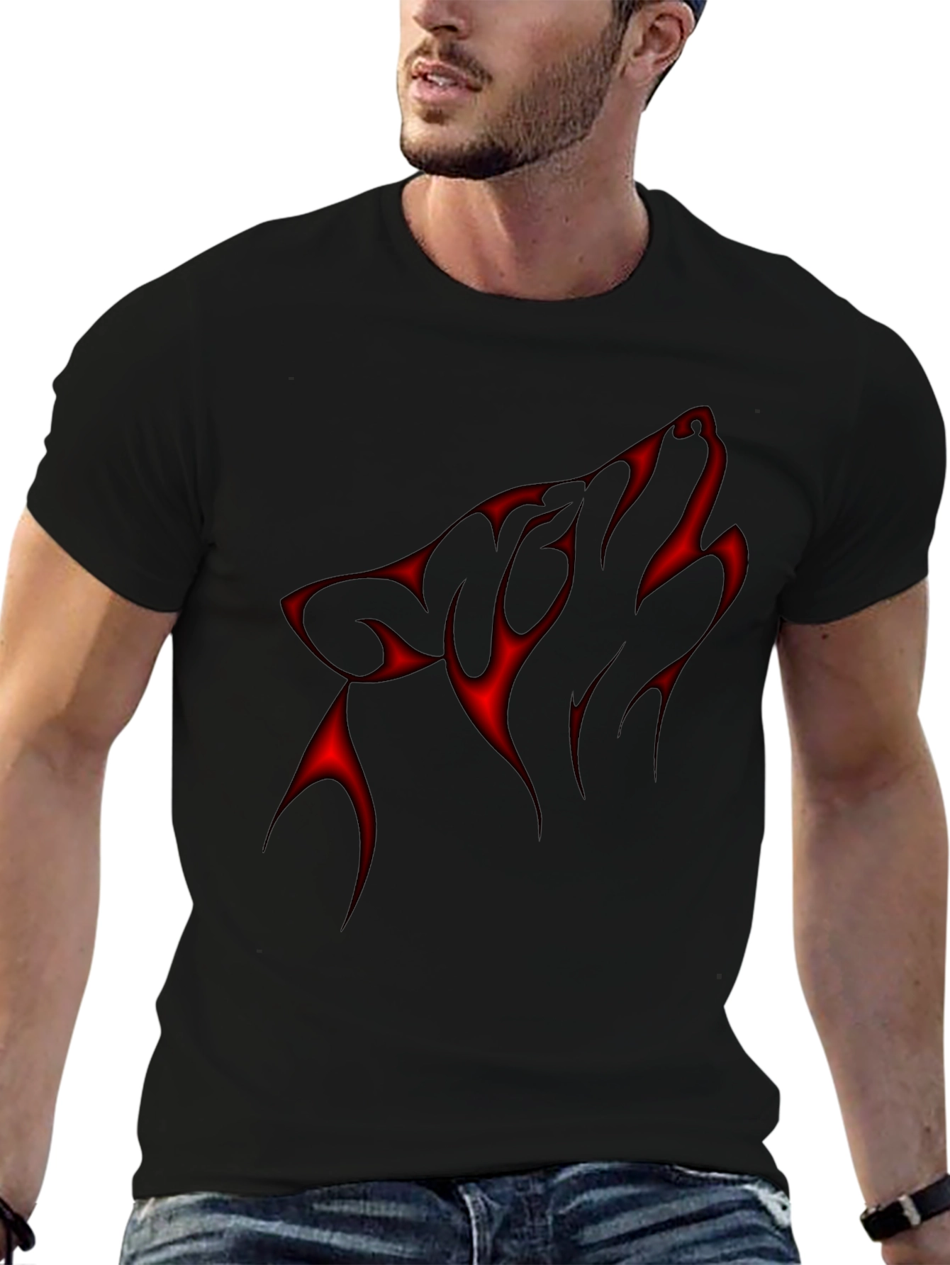 Black Black T-Shirt with Red Wolf Silhouette Design view 6