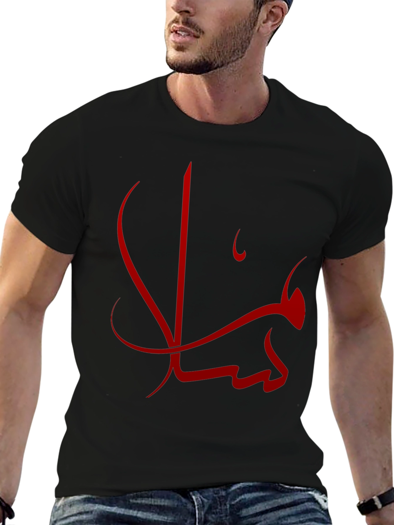 Men's Black T-shirt with Red Arabic Calligraphy - 6