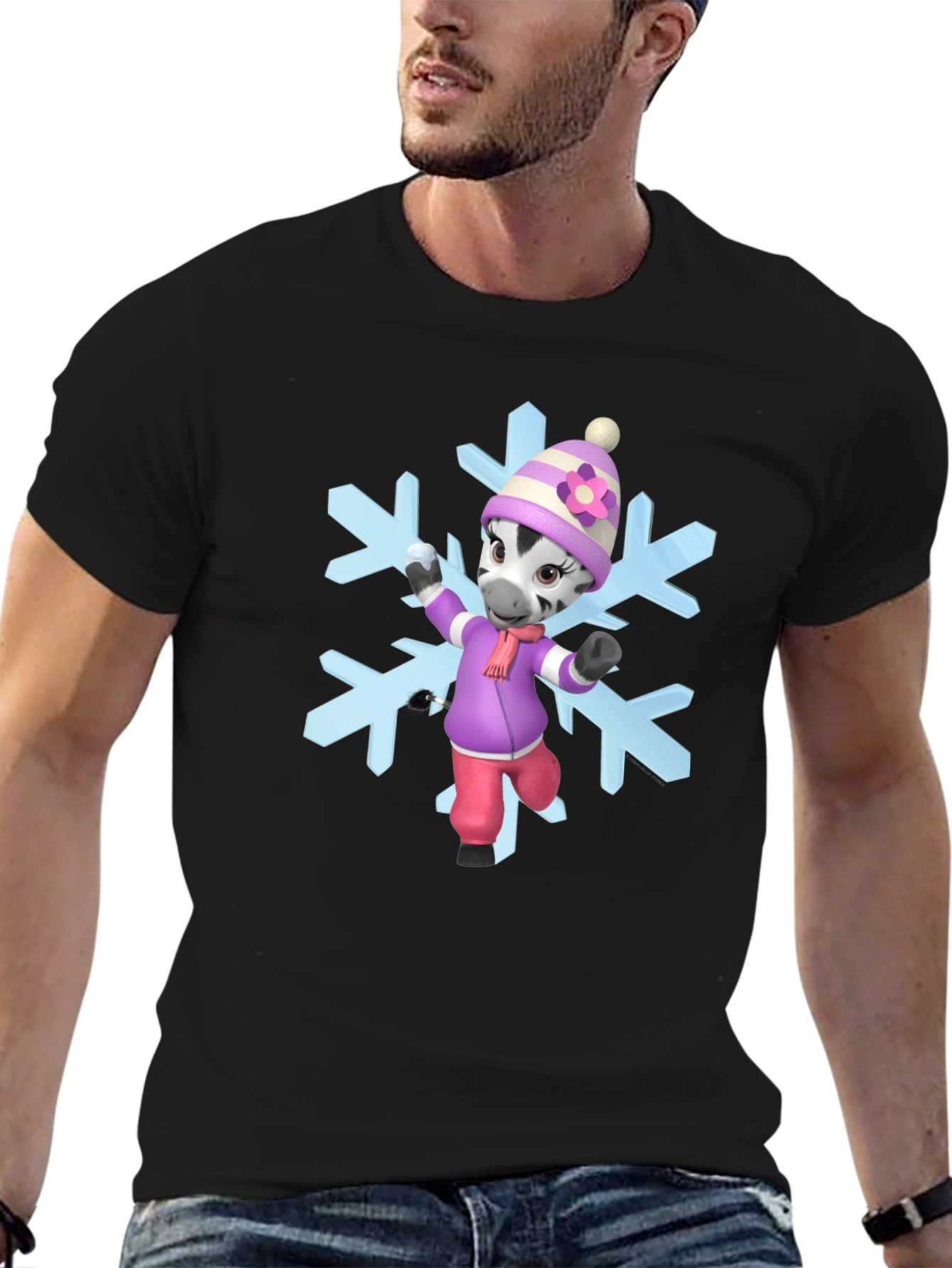 Black Zebra Cartoon Snowflake T-Shirt view 6