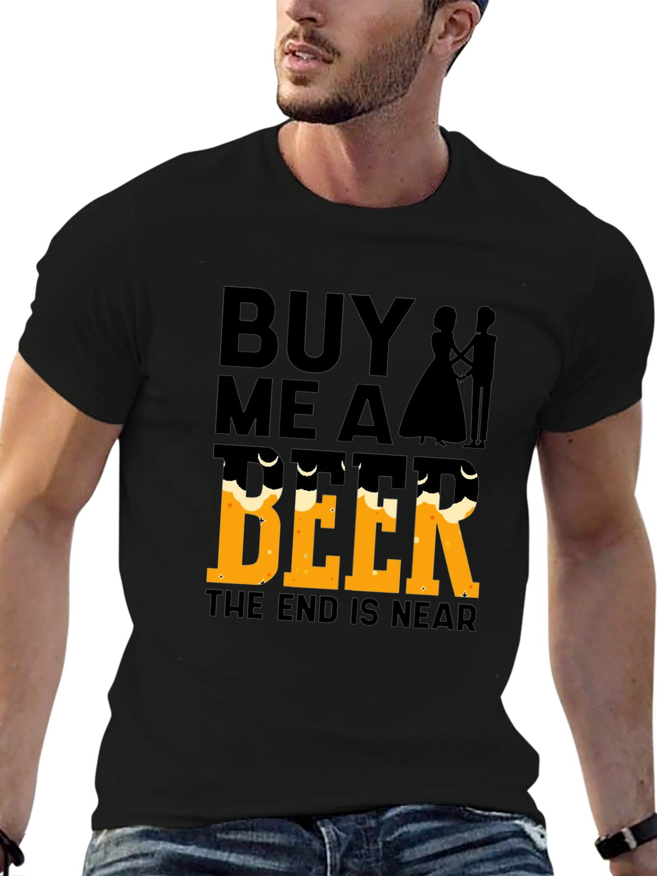 Black Buy Me a Beer, The End Is Near - Funny Wedding T-Shirt view 6