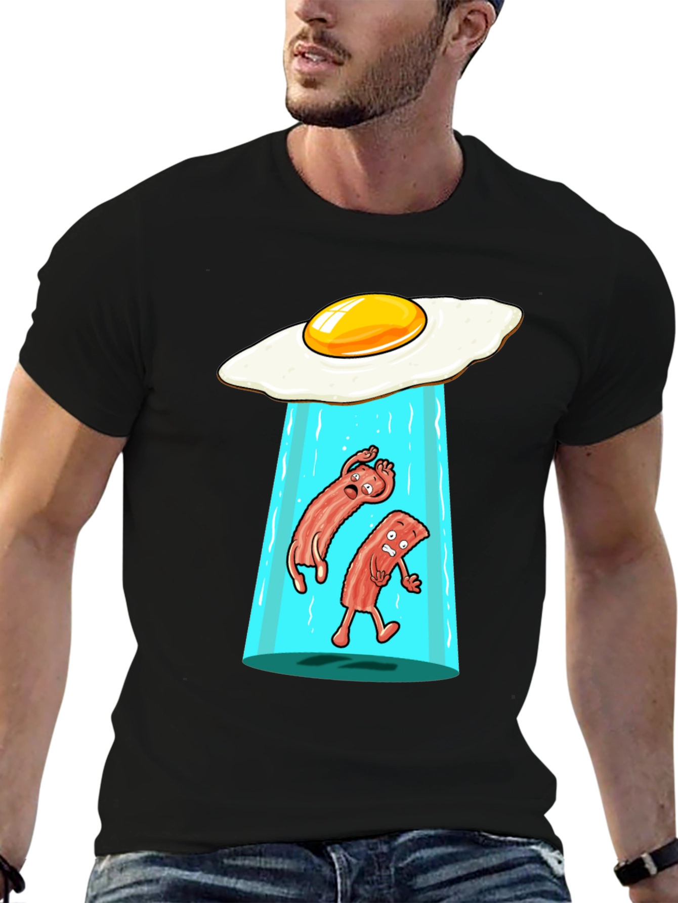 Black Funny Alien Abduction Breakfast T-Shirt view 6