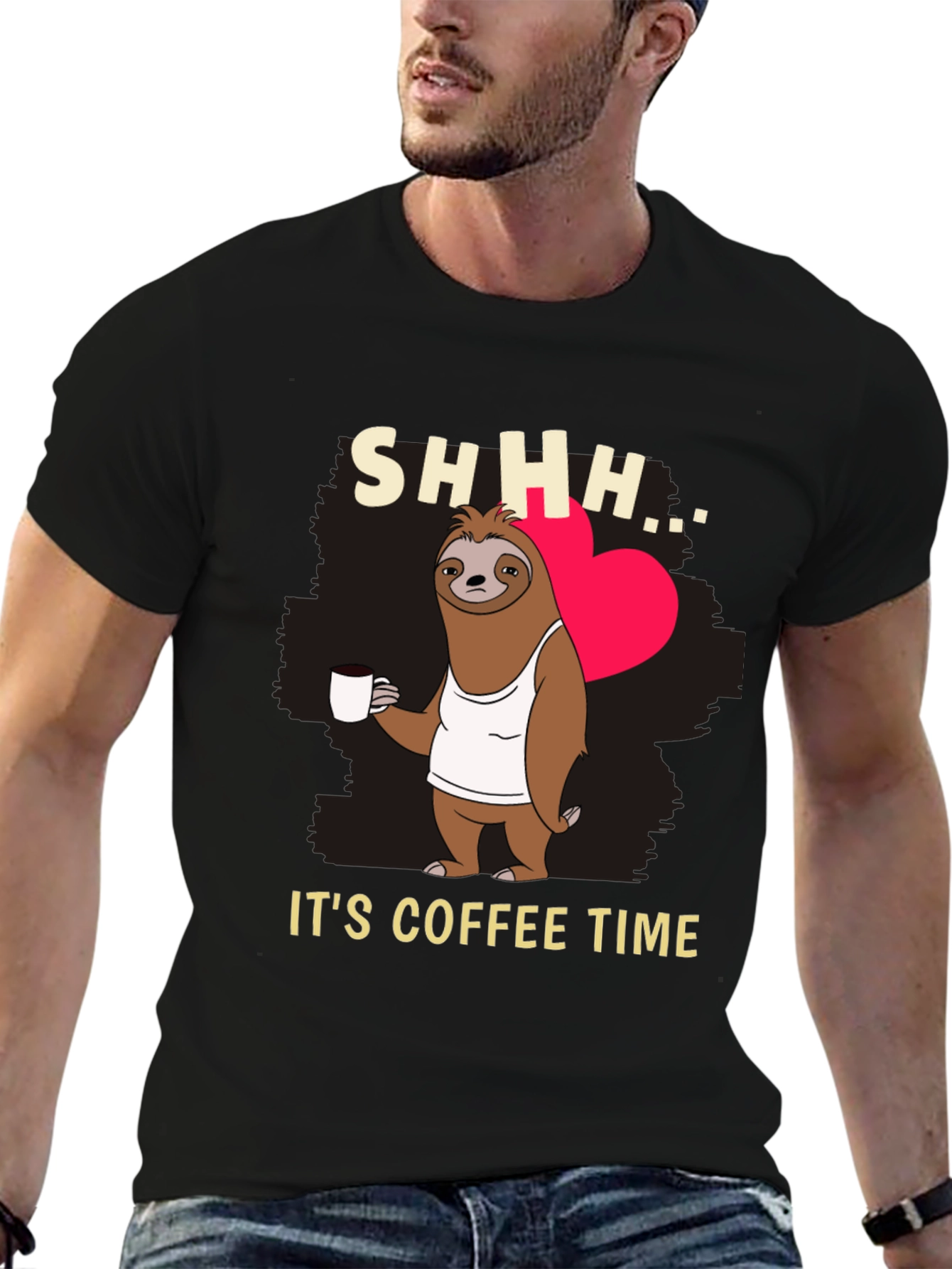 Black Funny Sloth Coffee Time T-Shirt view 6