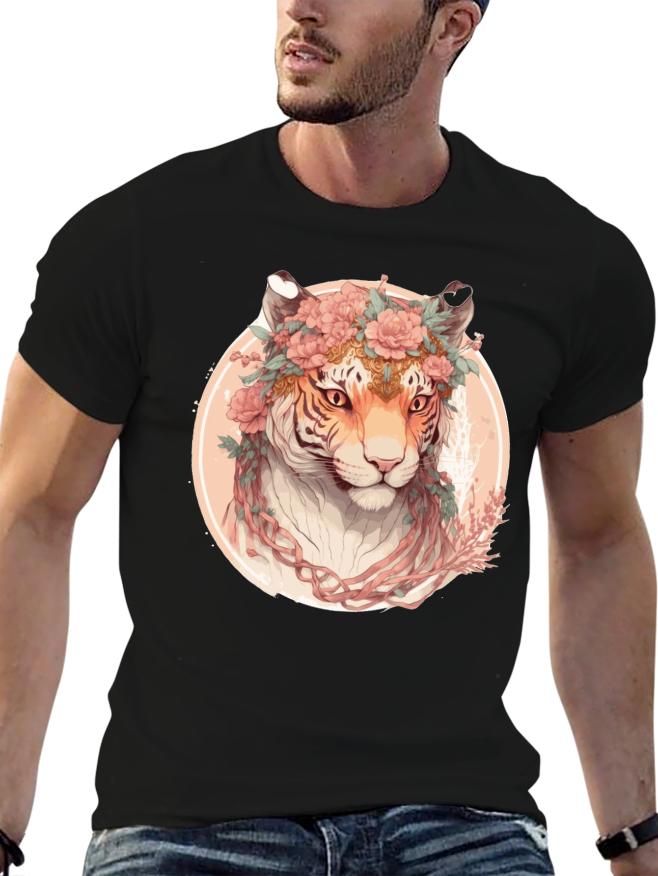 Black Floral Tiger Graphic T-Shirt - Unique Artistic Design view 6
