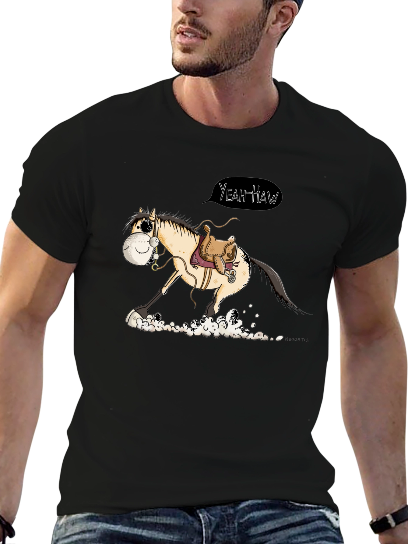 Black Yeah Haw Horse Cartoon Graphic T-Shirt view 6
