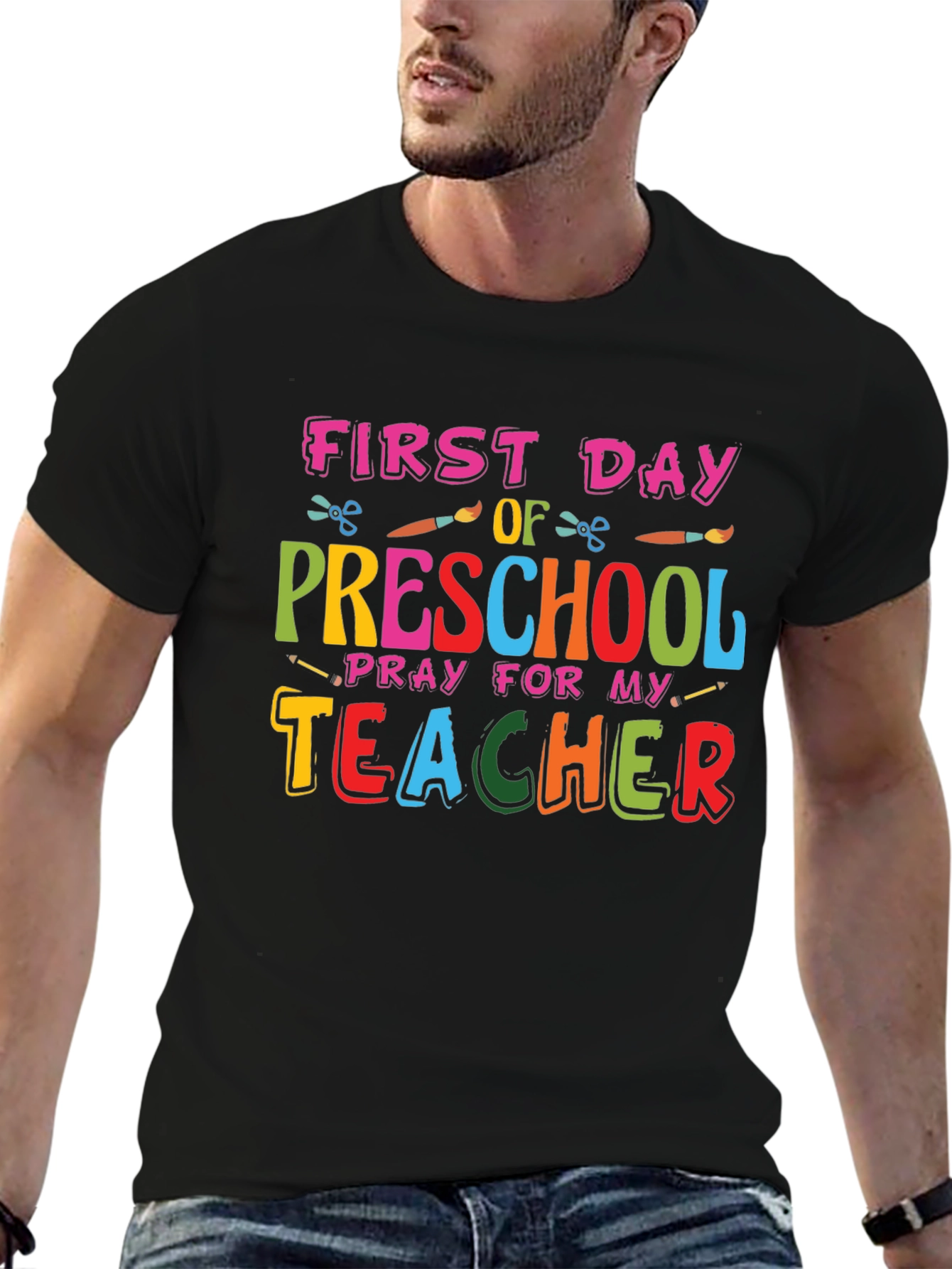 Black First Day of Preschool Teacher Graphic Tee view 6
