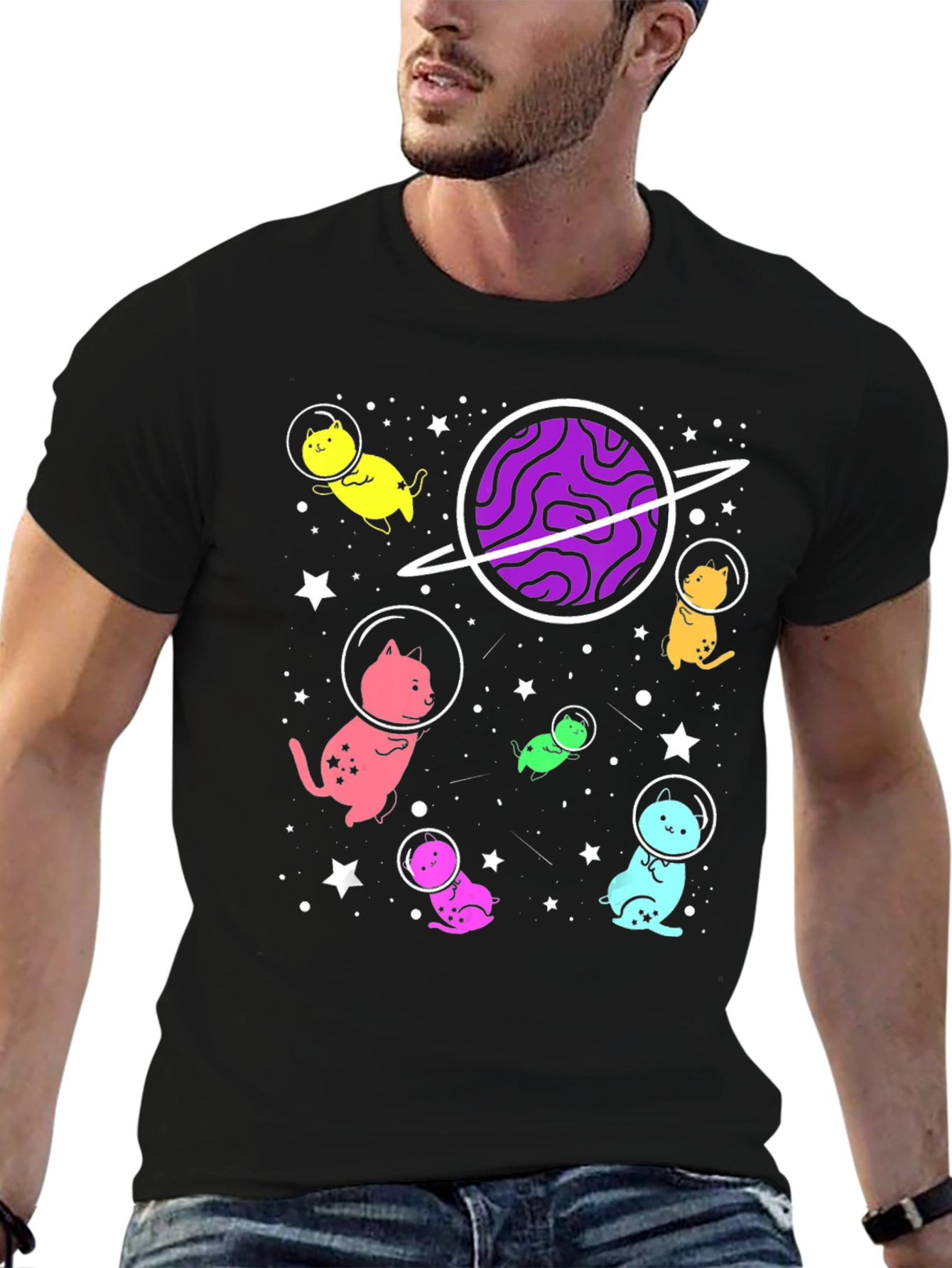 Black Cosmic Cat Astronaut T-Shirt view 6