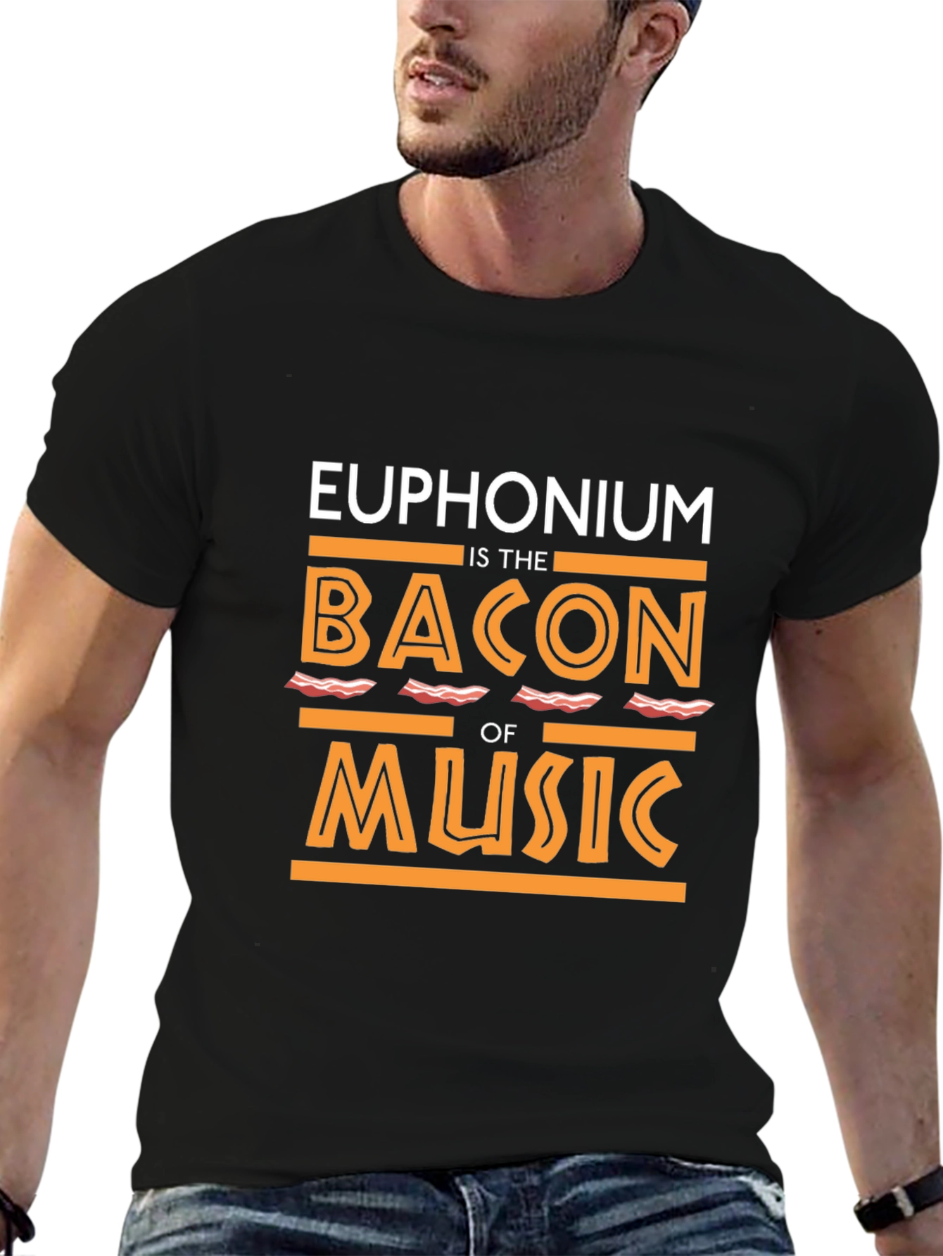 Black Euphonium Bacon Music T-Shirt - Funny Musician Tee view 6