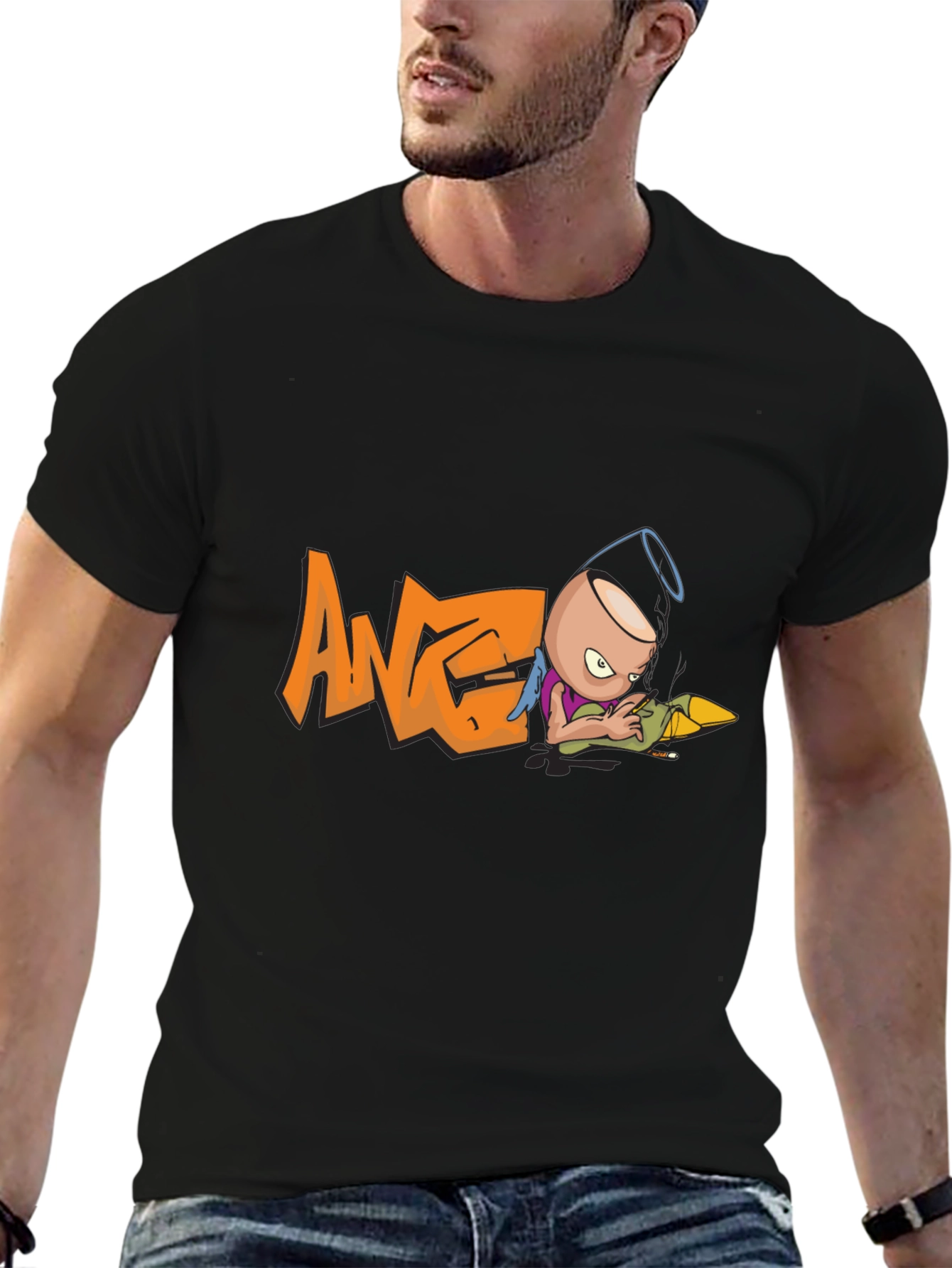 Black Angel T-Shirt - Black Cotton Tee with Cool Graphic Print view 6