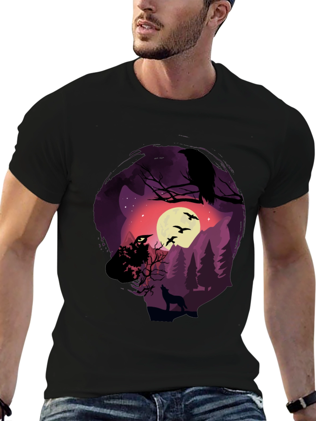 Black Raven Moon Wolf Graphic T-Shirt view 6