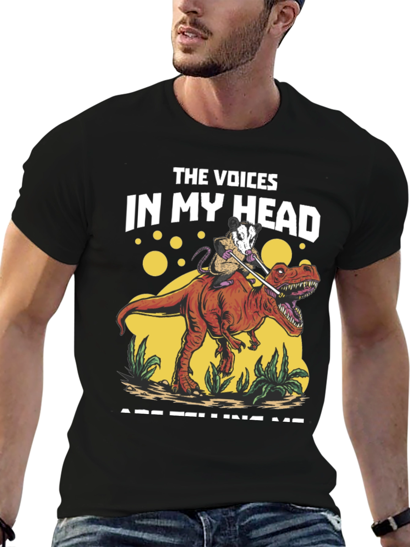 Black The Voices In My Head Opossum Dinosaur T-Shirt view 6