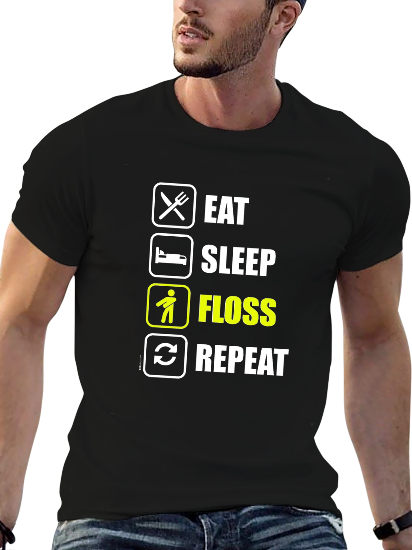 Black Eat Sleep Floss Repeat Funny T-Shirt Black Cotton Graphic Tee view 6