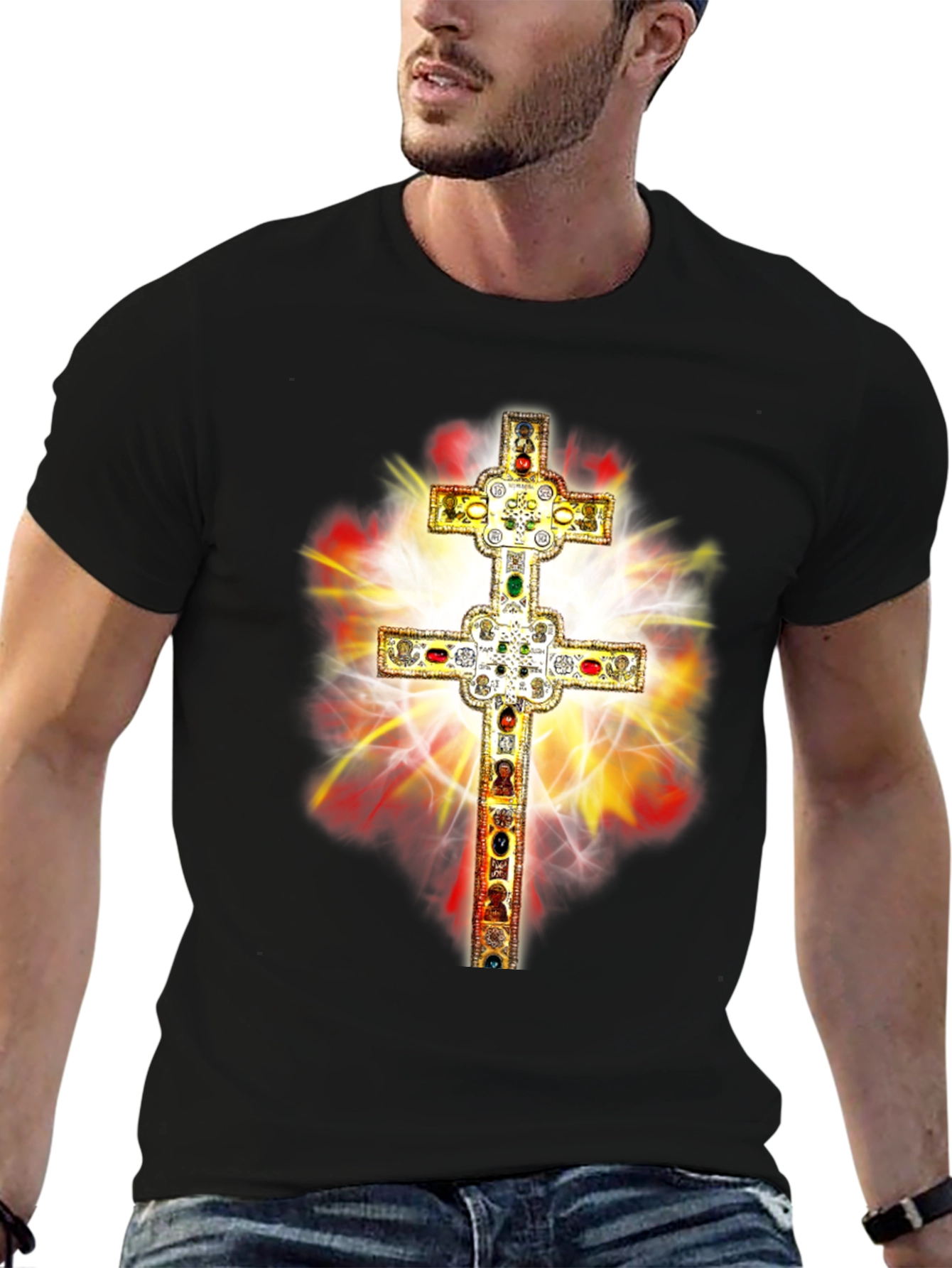 Black Ornate Cross Graphic Tee - Religious Fashion view 6