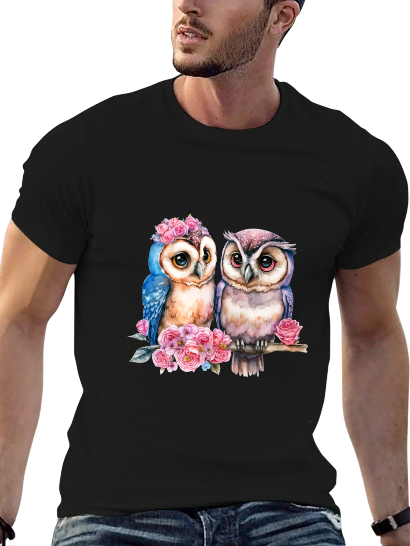 Black Owl Couple T-Shirt - Floral Design view 6