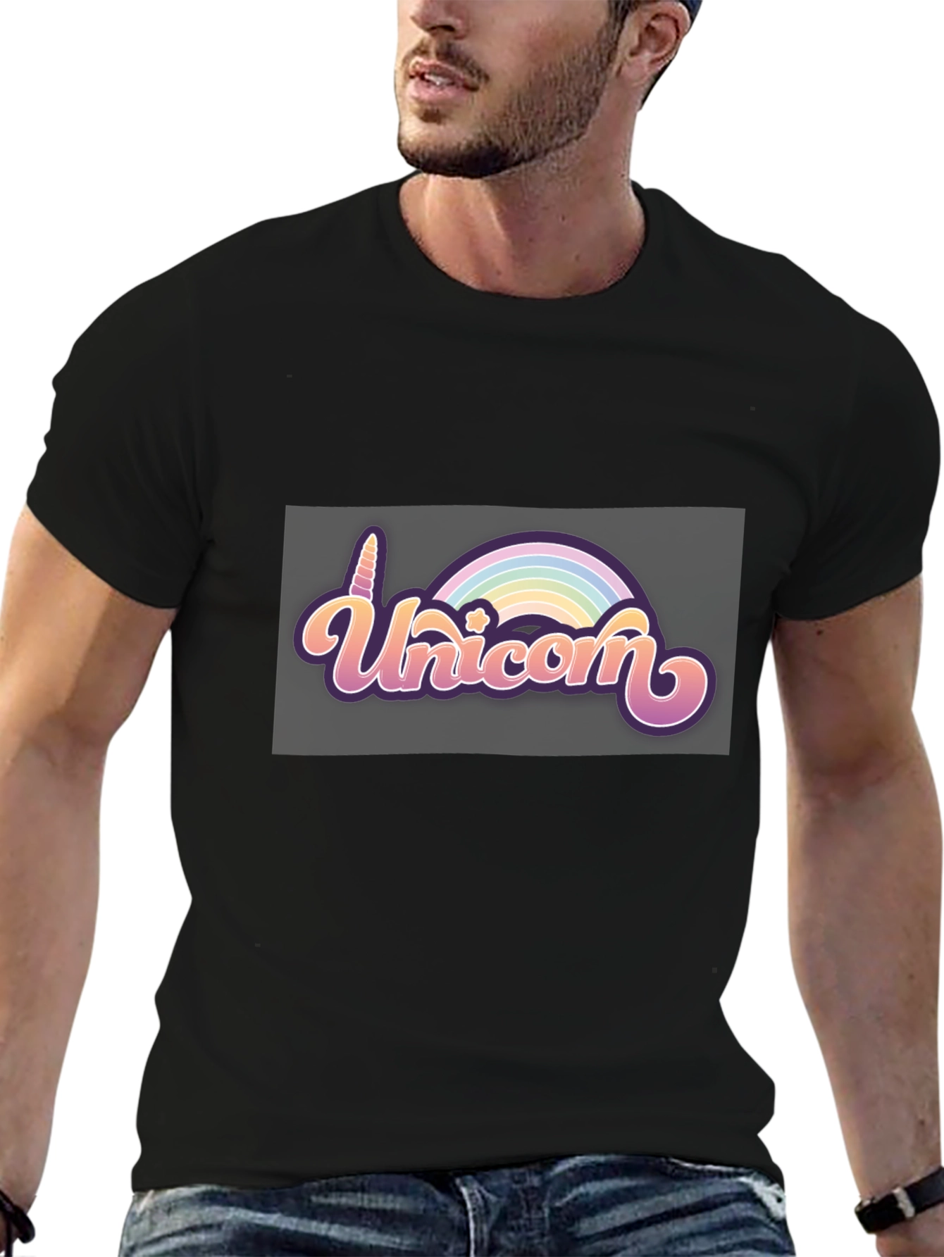 Black Unicorn Rainbow Tee - Black Cotton T-Shirt view 6