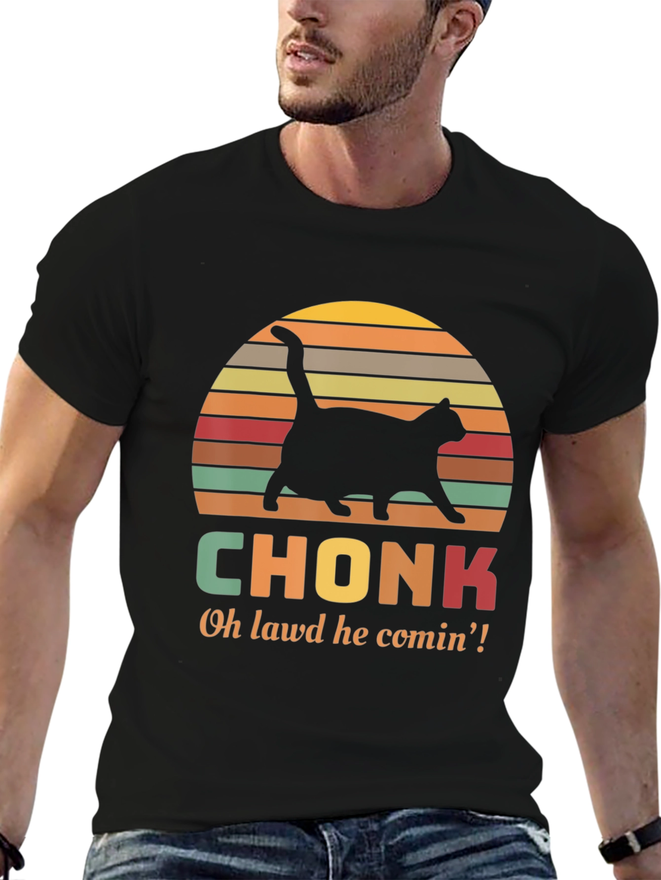 Black Chonk Cat T-Shirt - Oh Lawd He Comin'! view 6