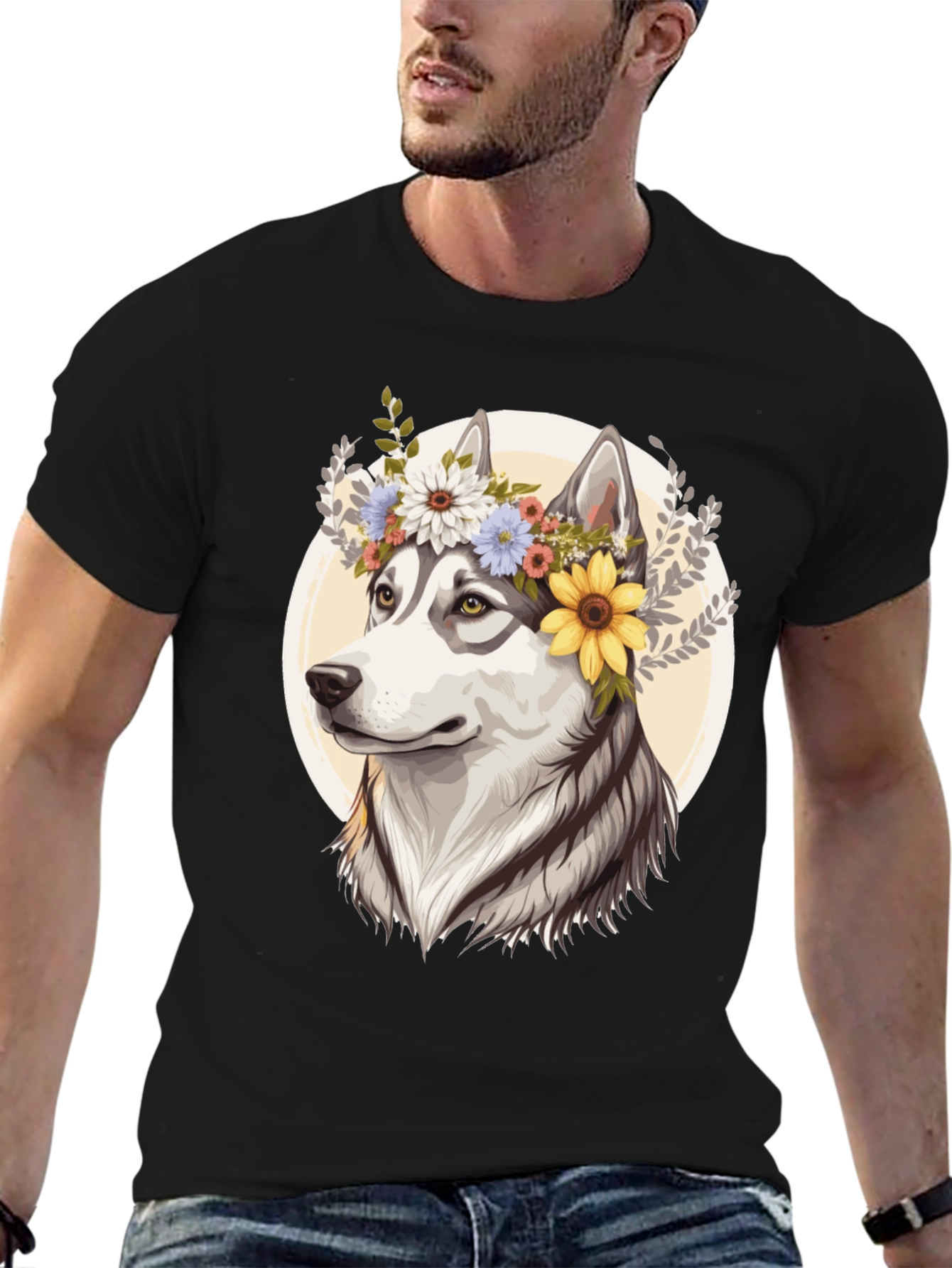 Black Floral Husky Graphic Tee - Unisex Black T-Shirt view 6
