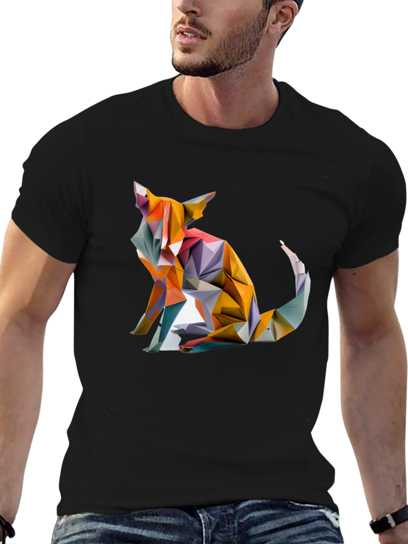 Black Geometric Fox Graphic Black T-Shirt view 6