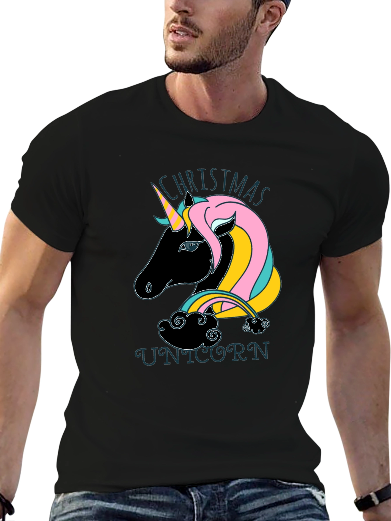 Black Christmas Unicorn Black T-Shirt view 6