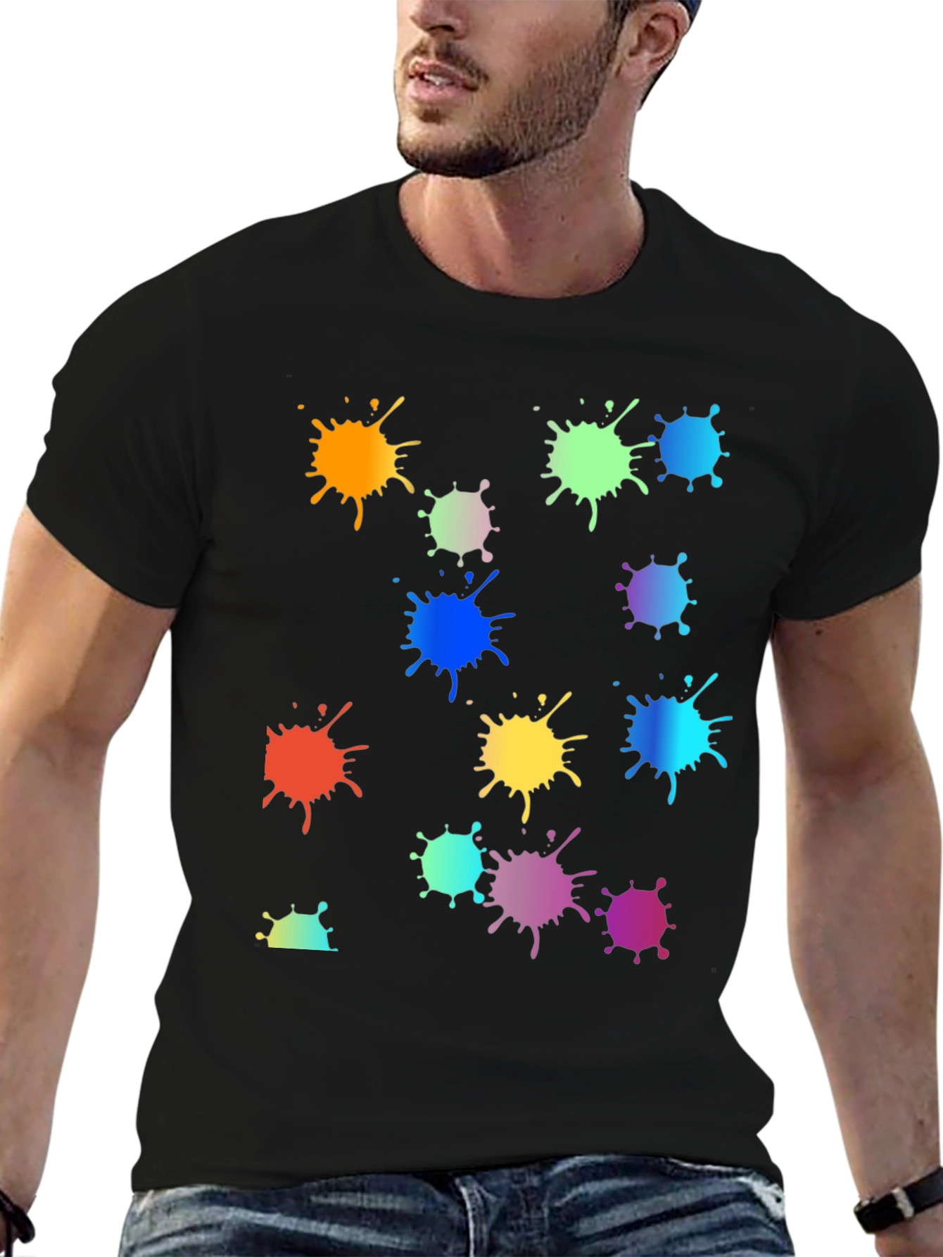 Black Rainbow Paint Splatter Graphic Tee - Black Crew Neck T-Shirt view 6