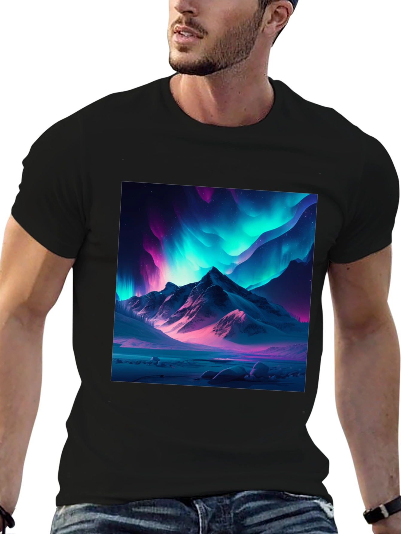 Black Aurora Mountain Graphic Tee - Black Cotton Blend view 6
