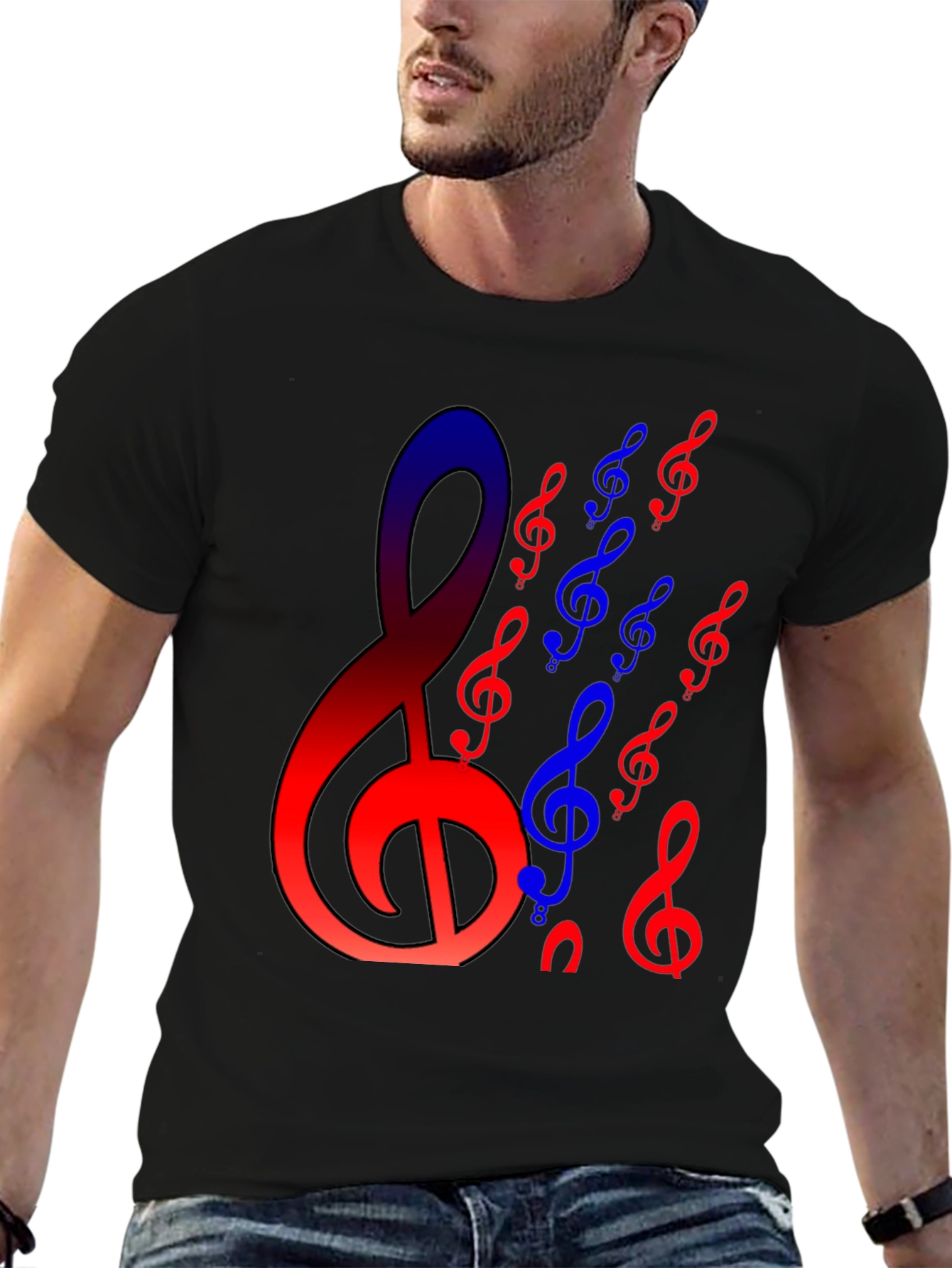 Black Musical Clef T-Shirt - Red and Blue Design view 6