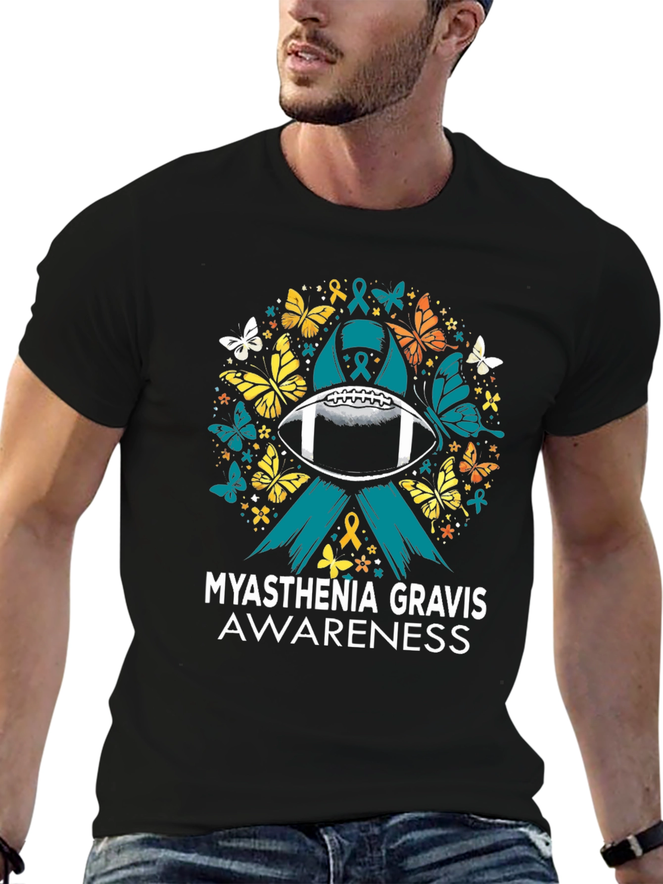 Black Myasthenia Gravis Awareness Football T-Shirt view 6