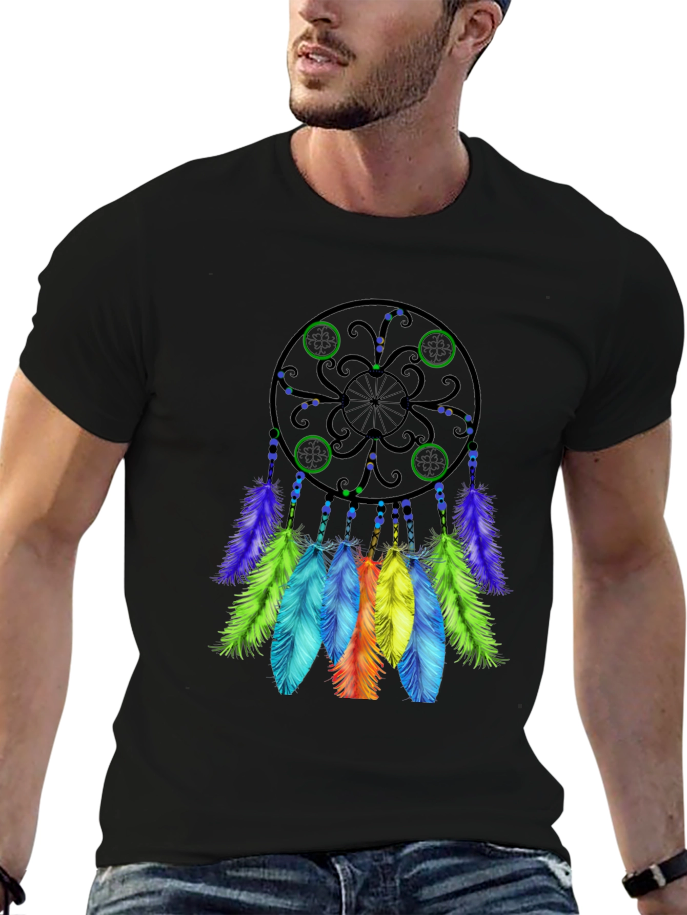 Black Dreamcatcher T-Shirt - Black Cotton Tee with Colorful Feather Design view 6