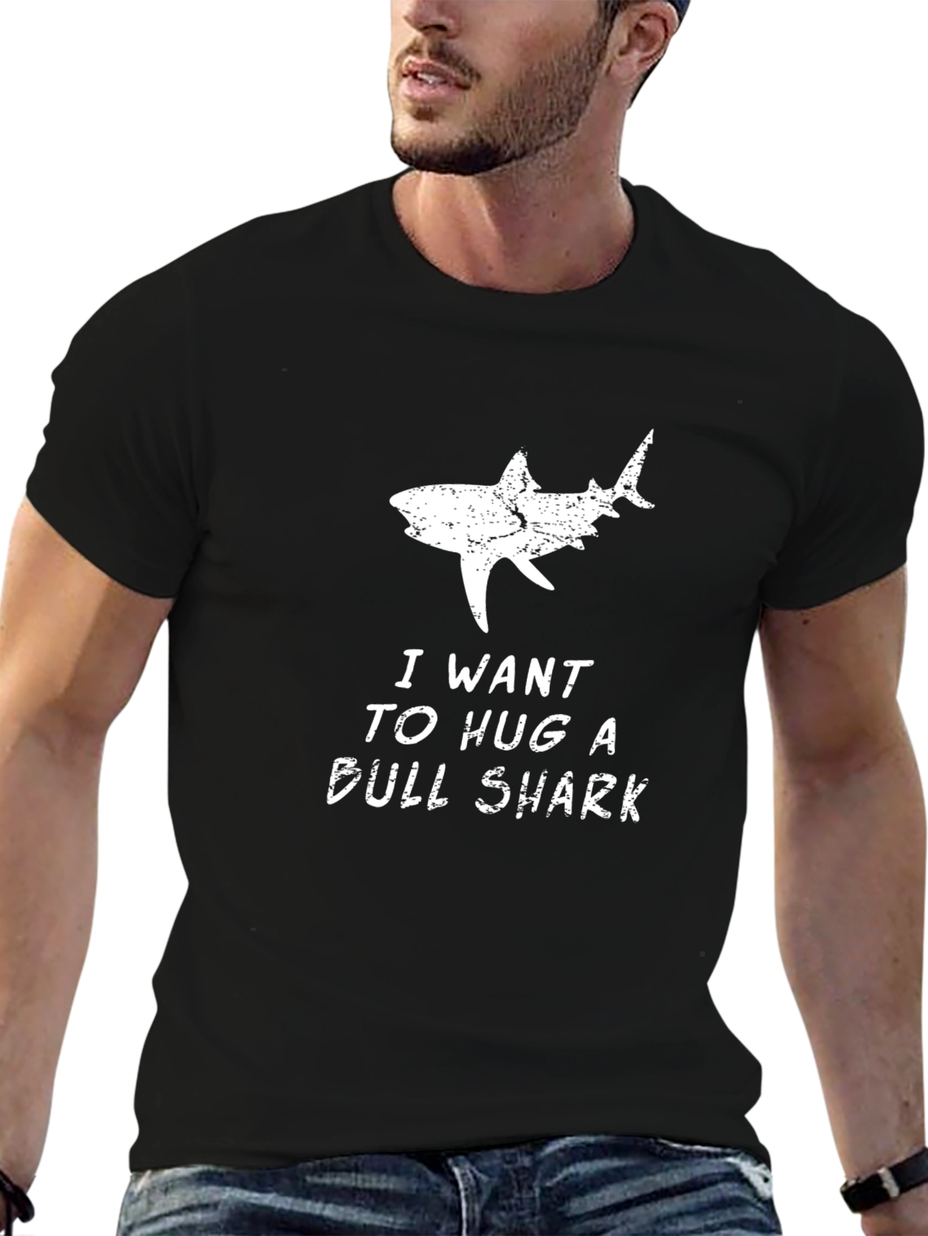 Black I Want to Hug a Bull Shark T-Shirt - Black view 6