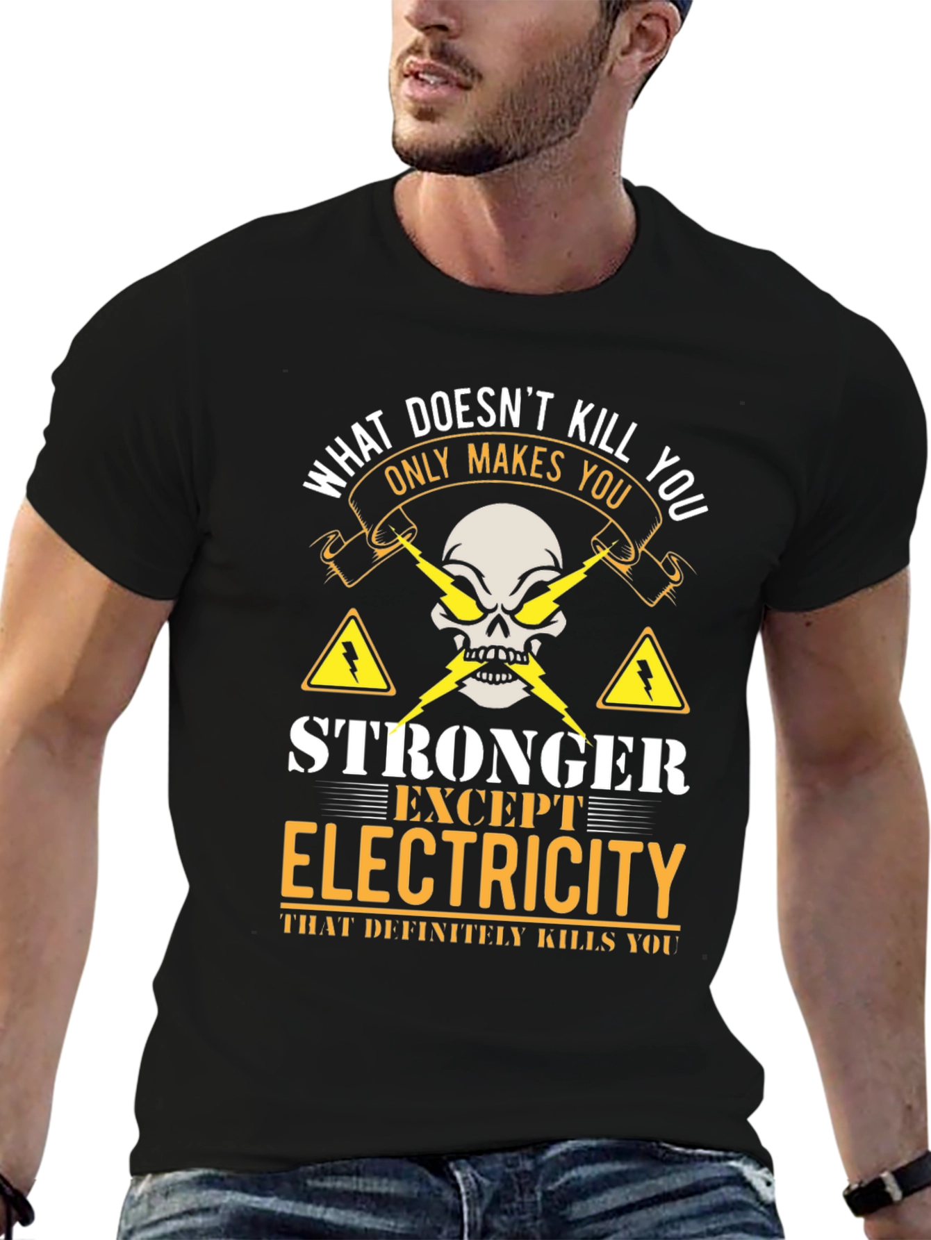 Black Electricity Humor T-Shirt - "What Doesn't Kill You" Graphic Tee view 6
