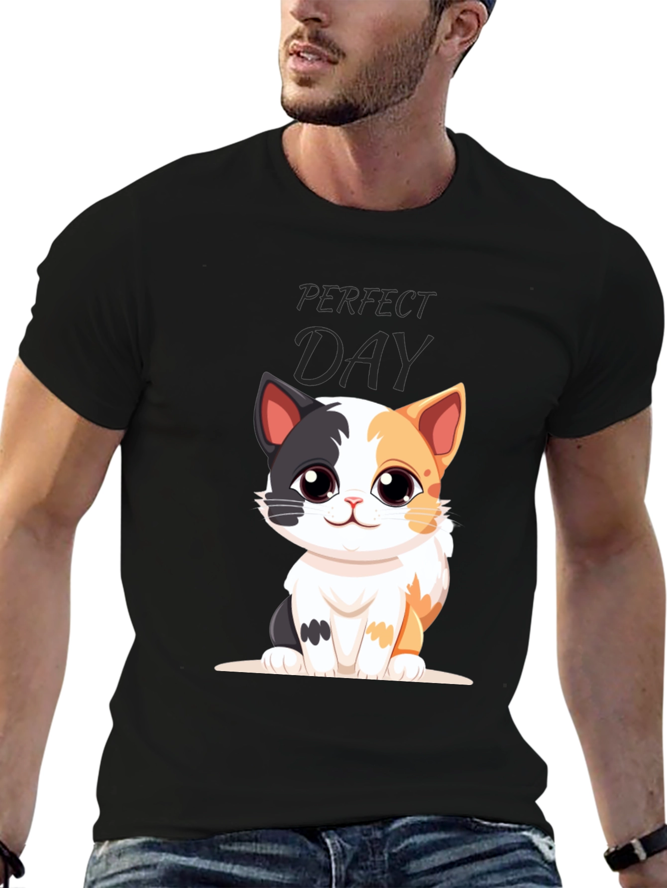Black Perfect Day Cat Cartoon Black T-Shirt view 6