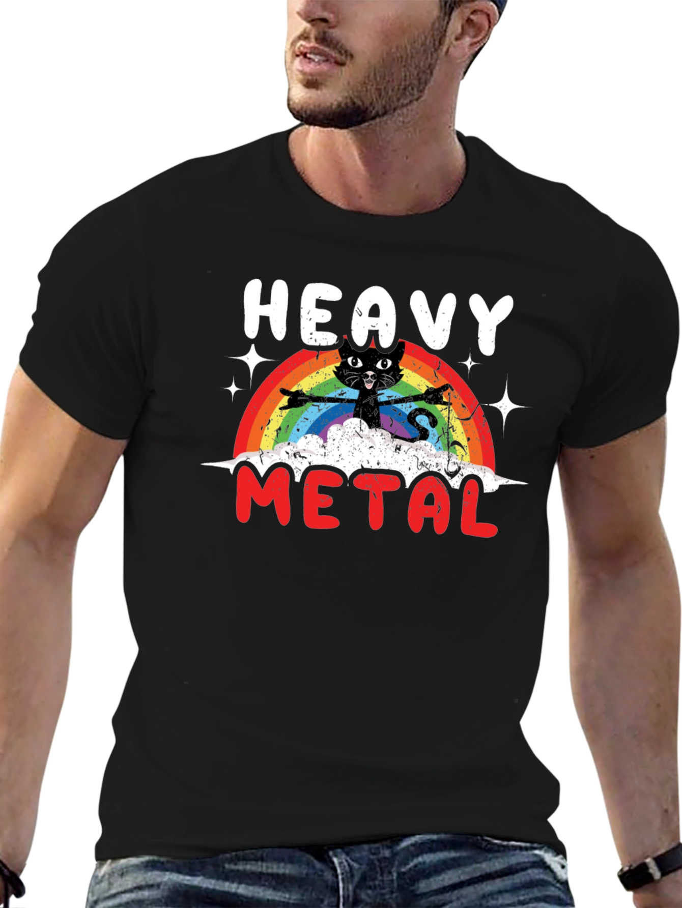 Black Heavy Metal Cat Rainbow T-Shirt view 6
