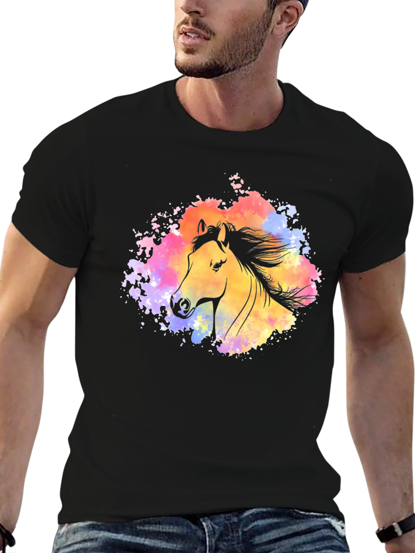 Black Watercolor Horse Graphic T-Shirt - Stylish Black Tee view 6
