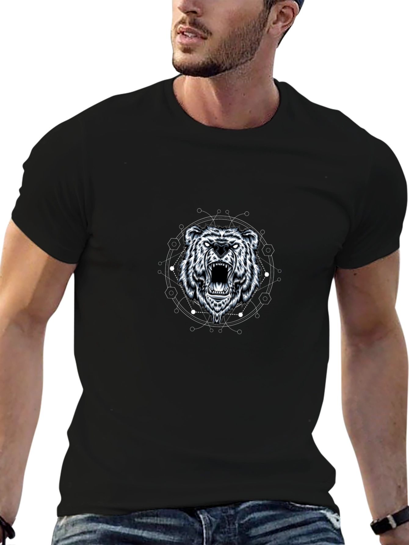 Black Geometric Bear Graphic Tee - Black Cotton Blend view 6