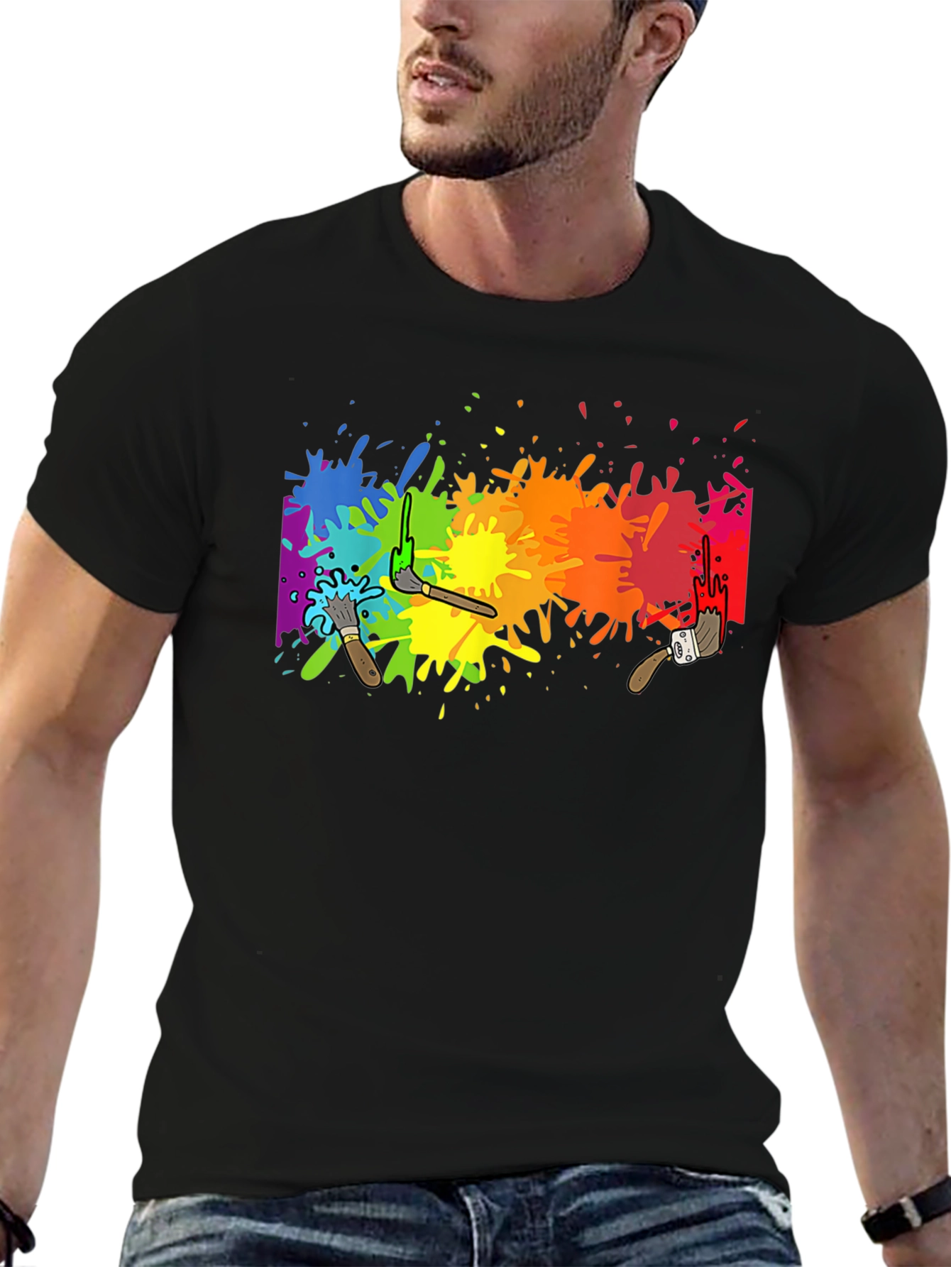 Black Rainbow Paint Splatter Graphic Tee - Artistic Black T-Shirt view 6