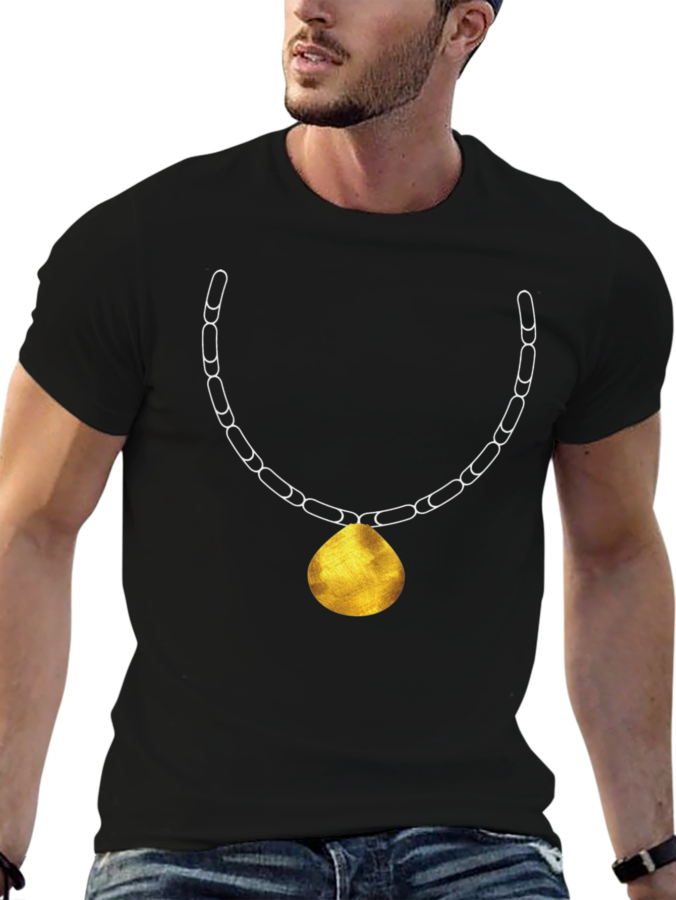 Black Men's Black T-Shirt with Gold Pendant Necklace Print view 6
