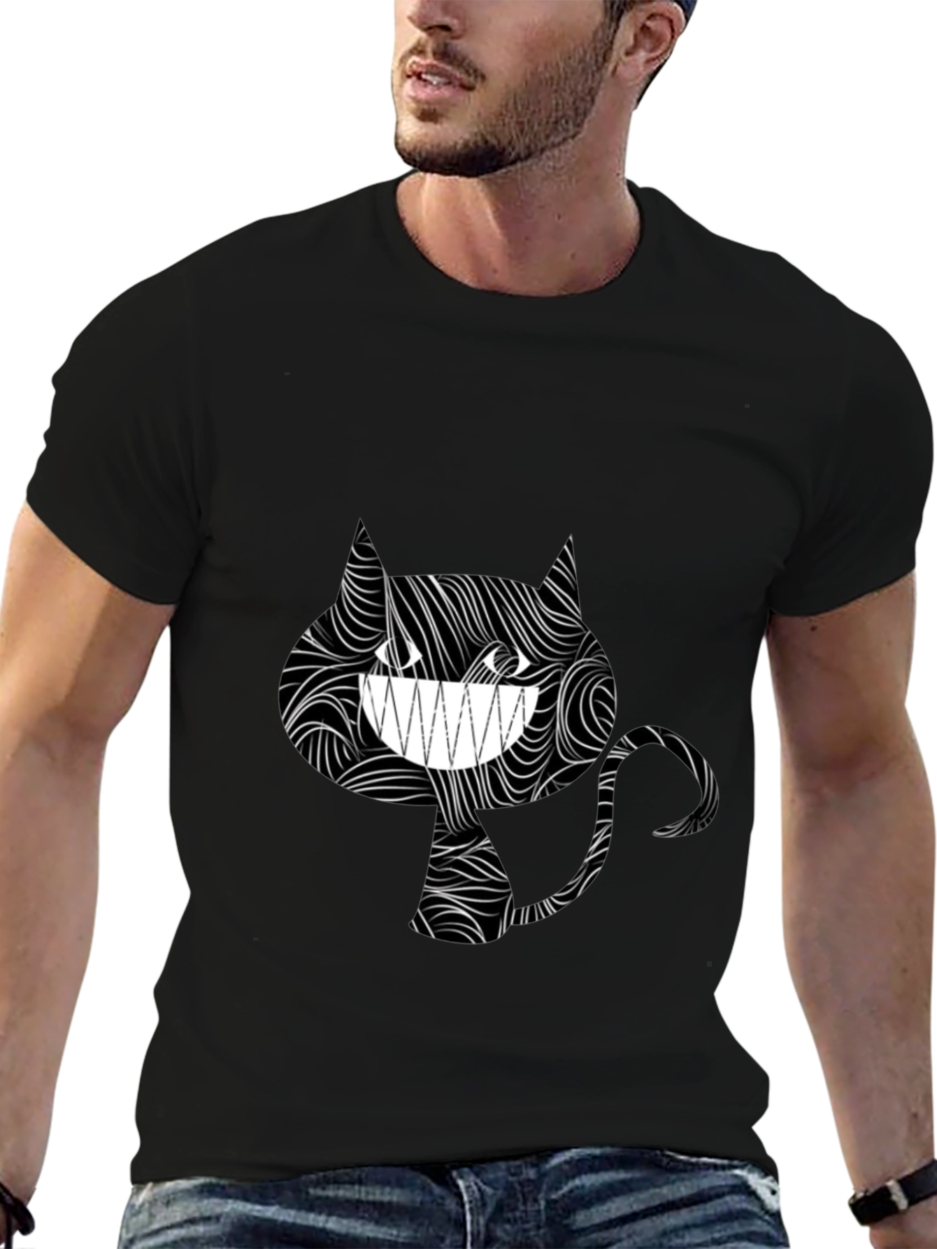 Black Grinning Cat Tee - Stylish Black Graphic T-Shirt view 6