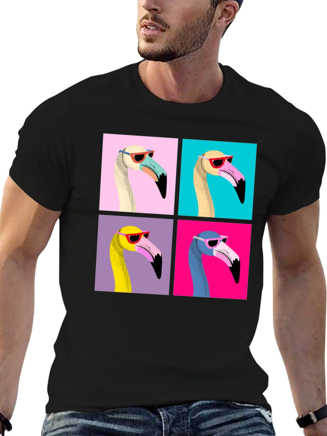 Black Funky Flamingo Pop Art Graphic T-Shirt view 6