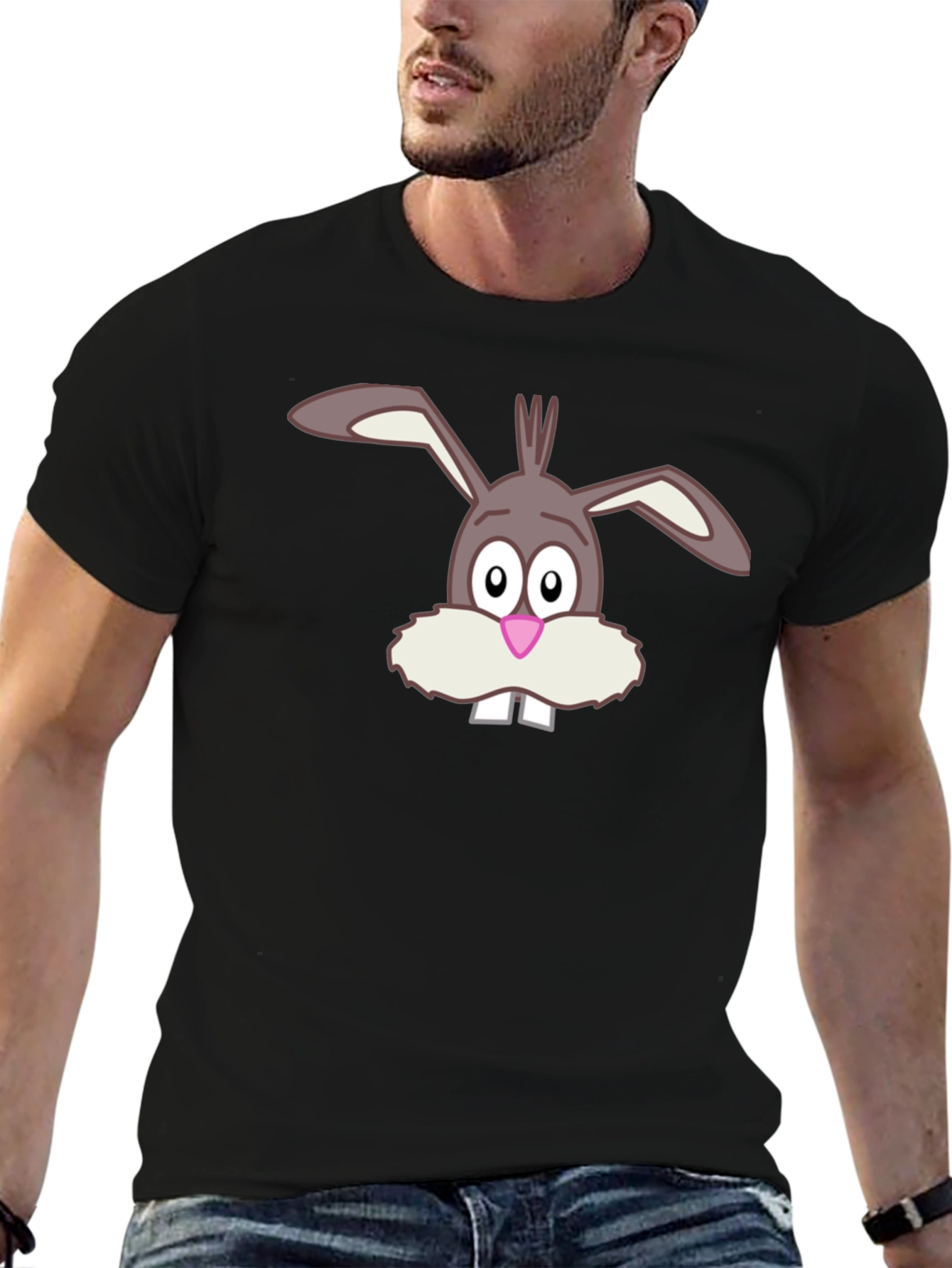 Black Funny Cartoon Bunny Graphic Black T-Shirt view 6