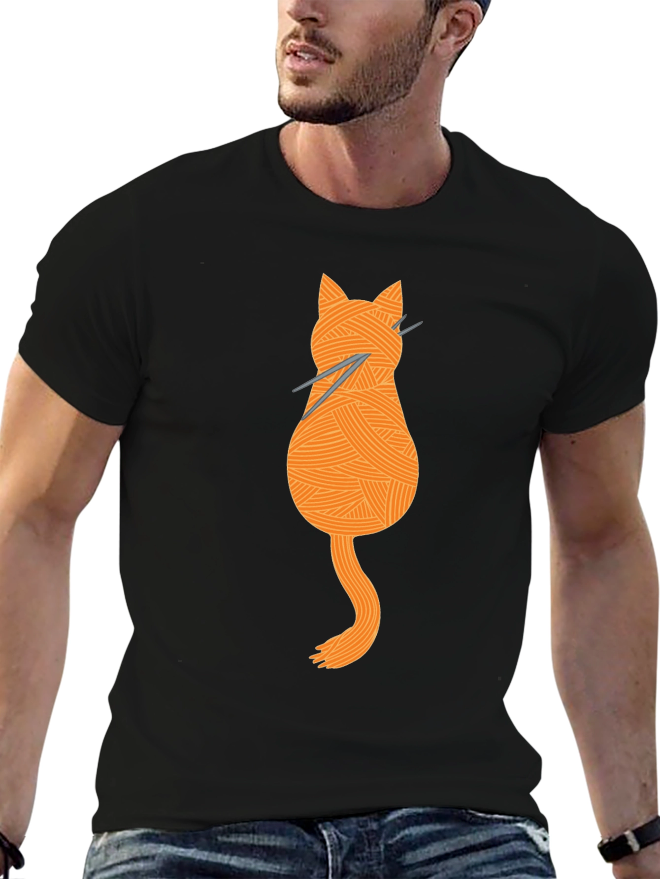 Black Knitting Cat Tee - Yarn Lover's Graphic T-Shirt view 6