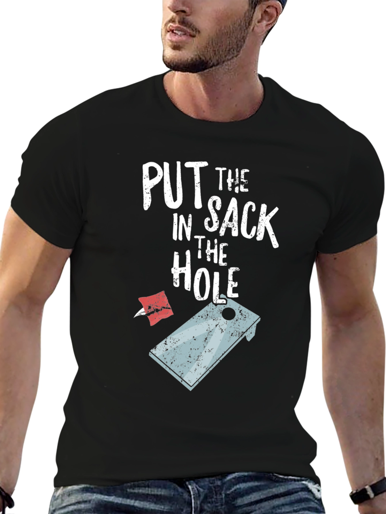 Black Put the Sack in the Hole Funny Cornhole T-Shirt view 6