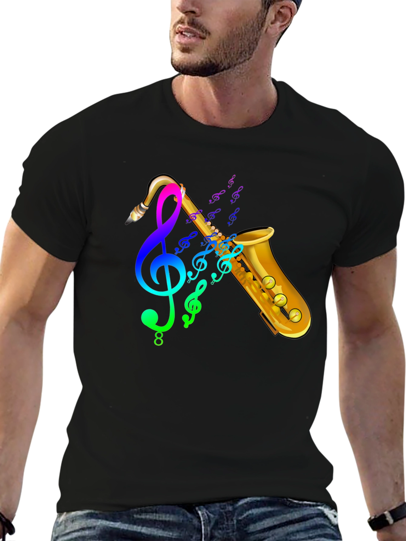 Black Saxophone Music T-Shirt - Trendy Graphic Tee view 6