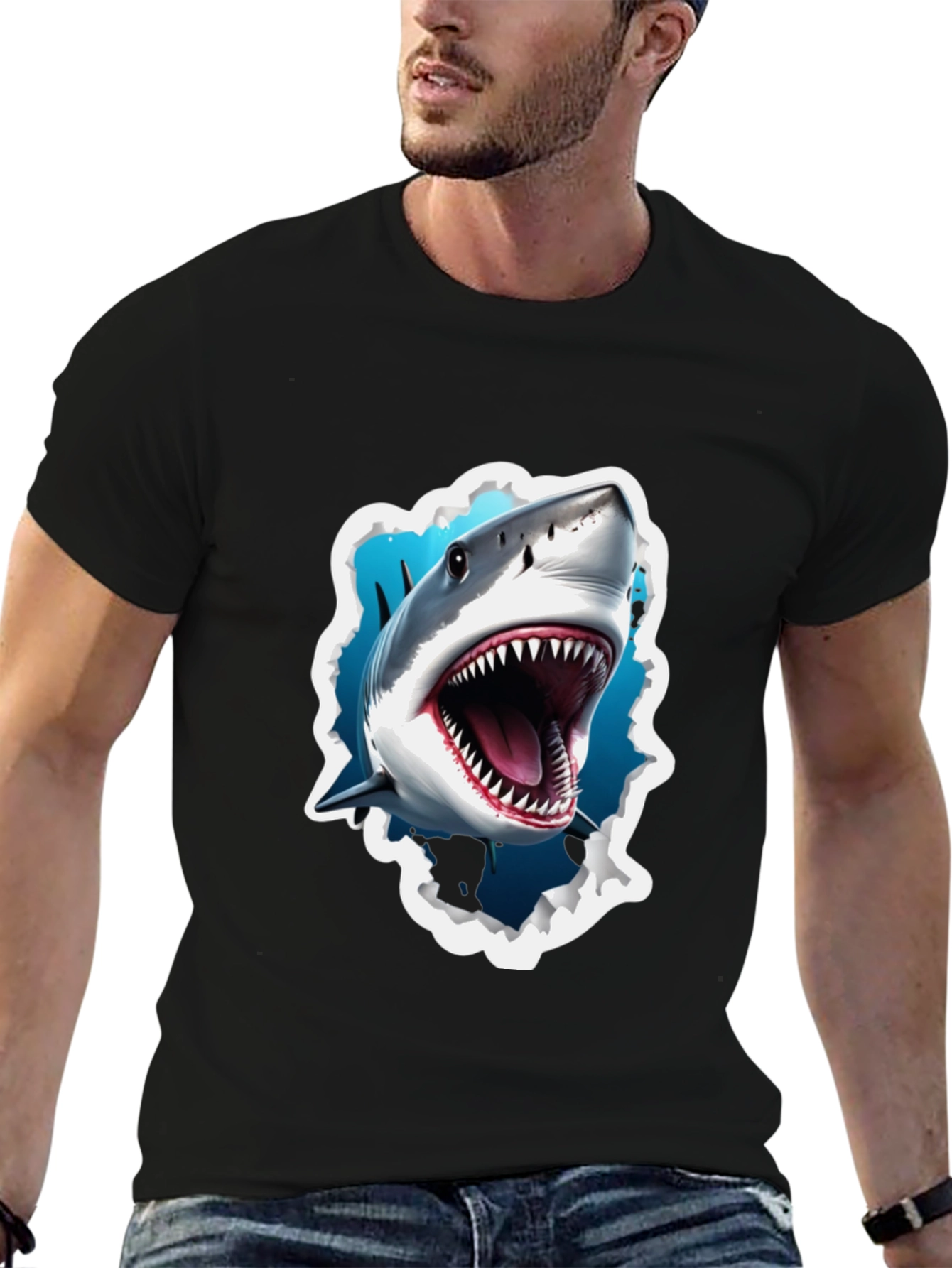 Black Shark Attack Graphic Tee - Bold Black T-Shirt view 6