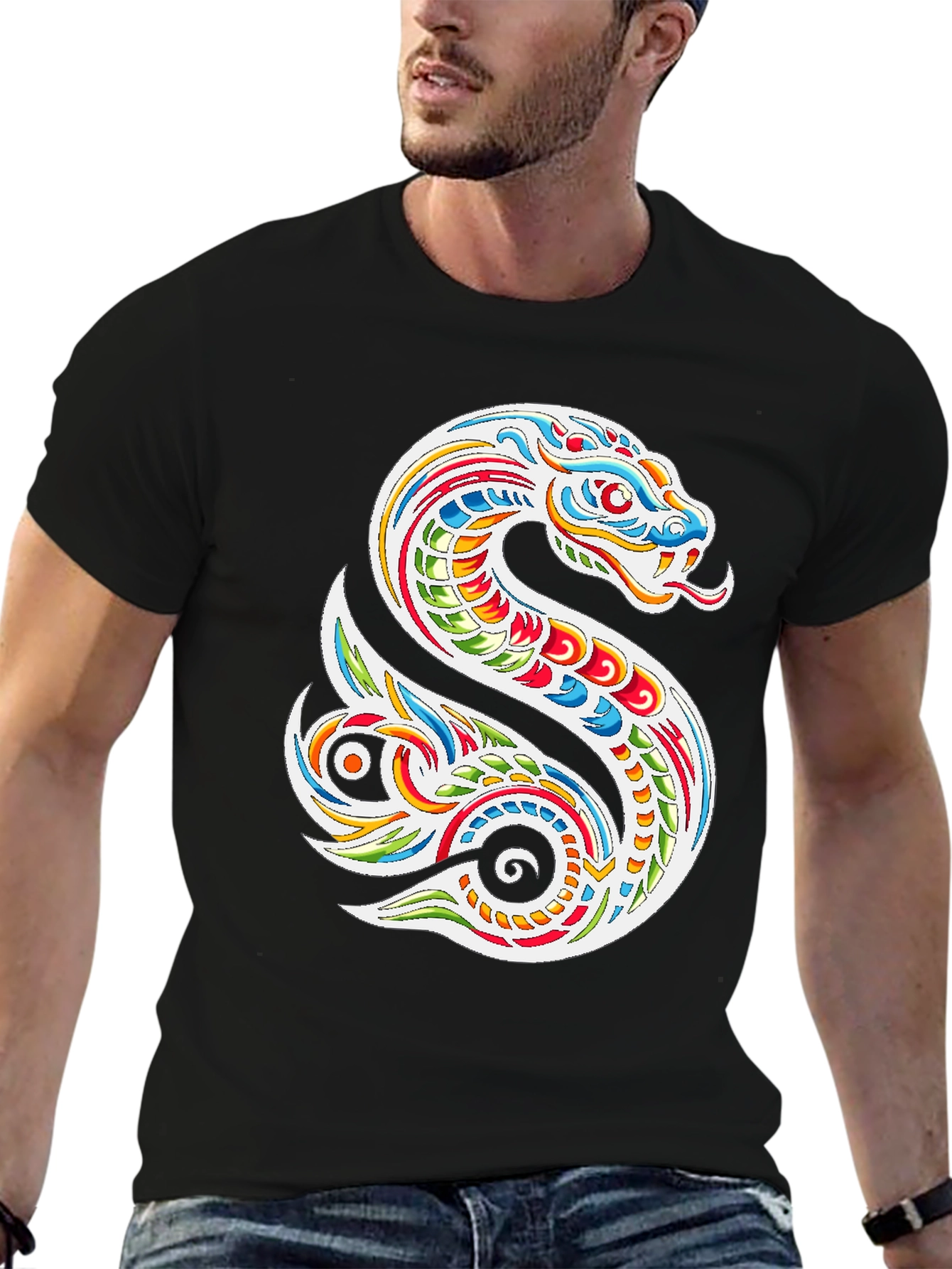 Black Vibrant Snake Graphic Tee - Men's Black T-Shirt view 6