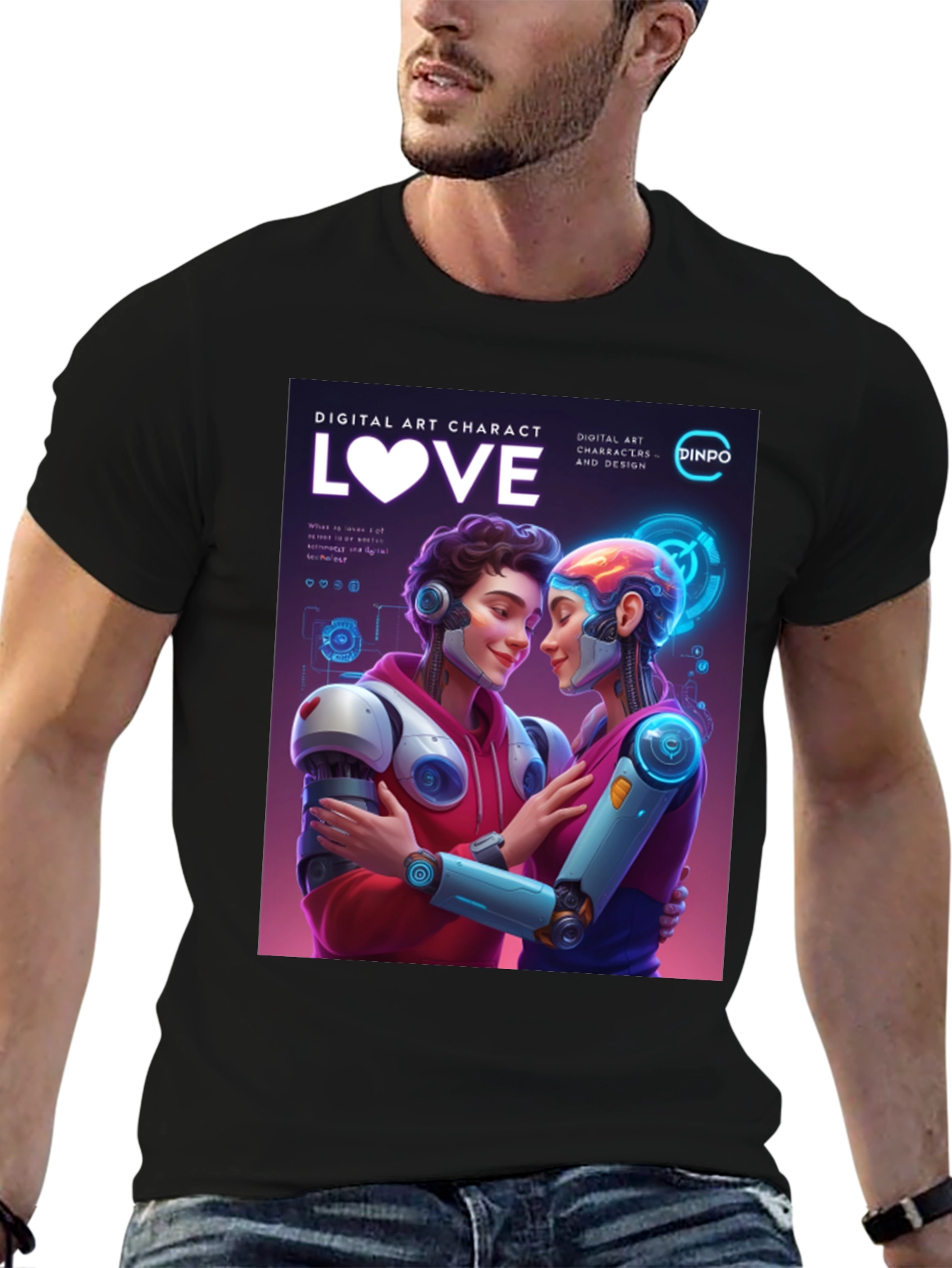 Black Robotic Love T-Shirt - Digital Art Character Design view 6