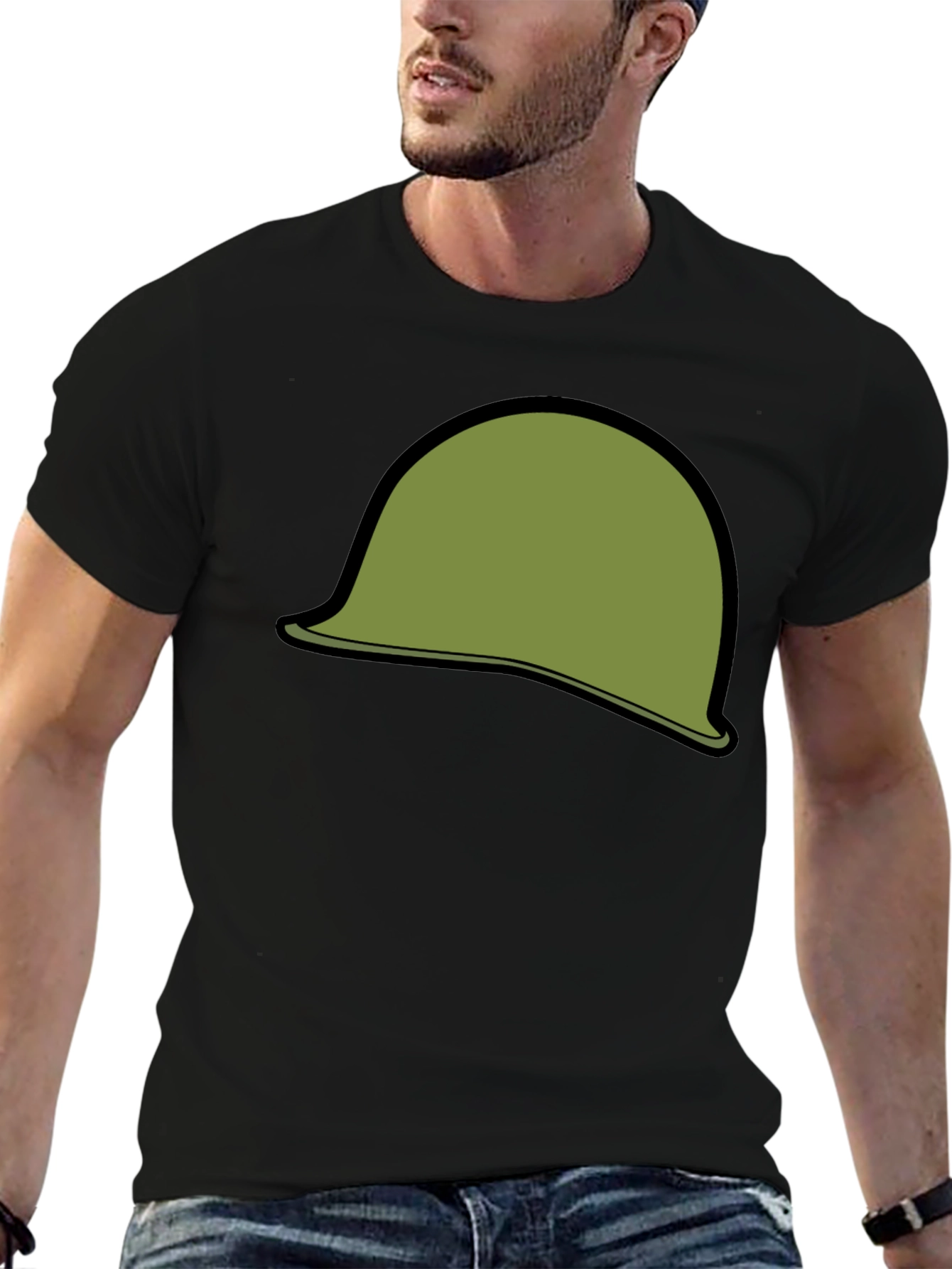 Black Retro Military Helmet Graphic Tee - Black Cotton Blend view 6