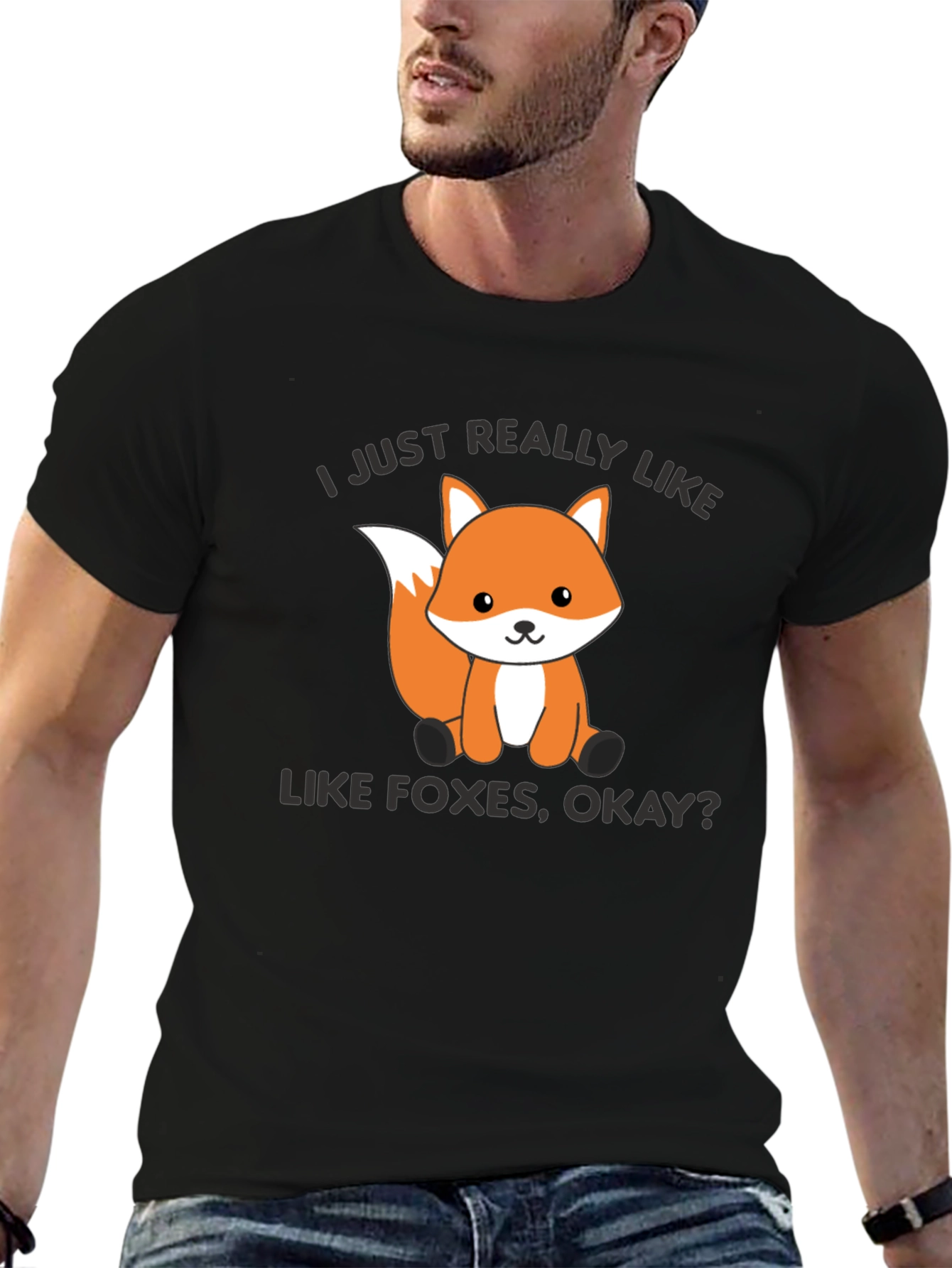 Black Cute Fox Graphic T-Shirt - I Just Really Like Foxes, Okay? view 6
