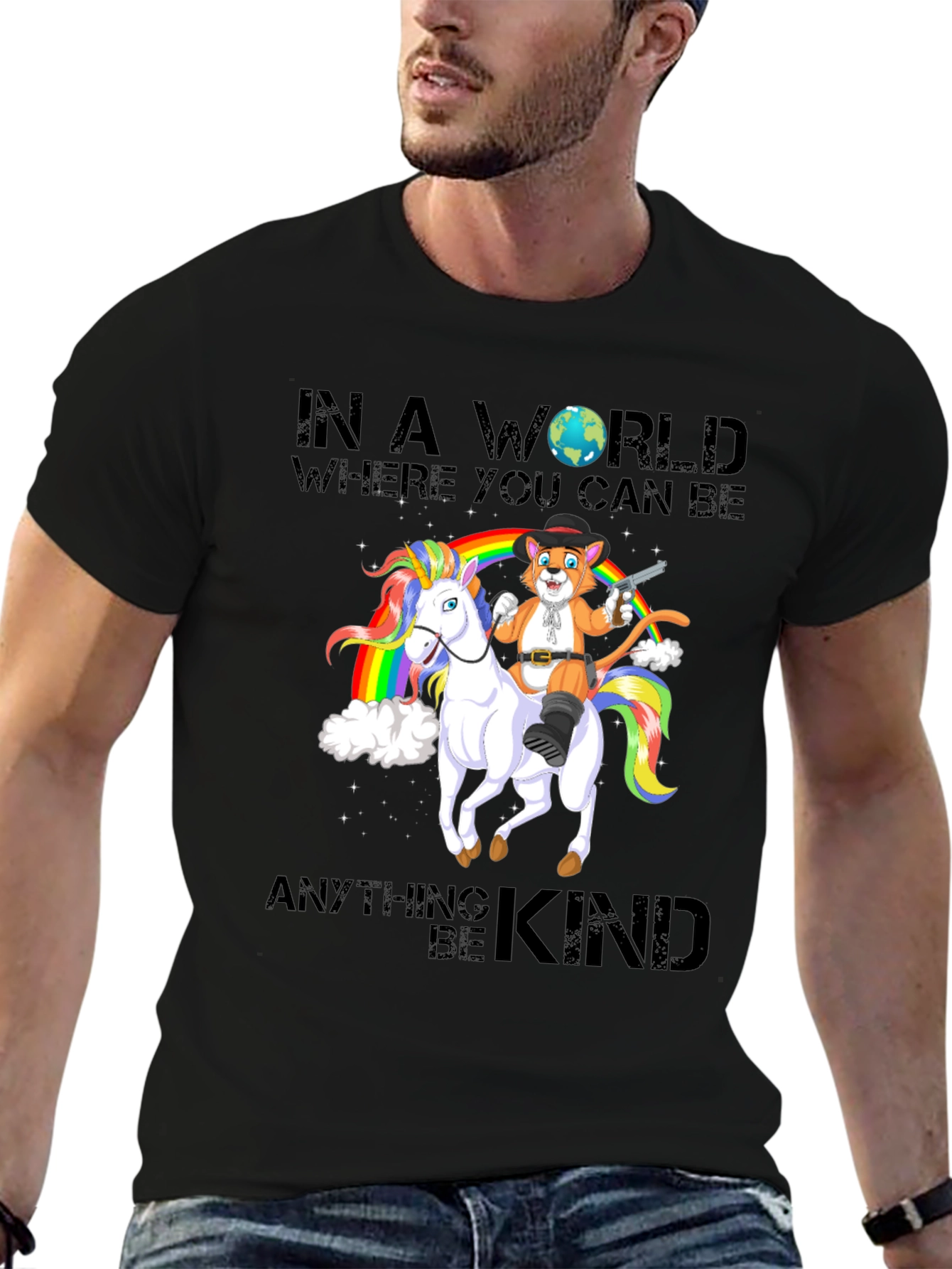 Black Be Kind T-Shirt: Cat Cowboy Riding Unicorn view 6