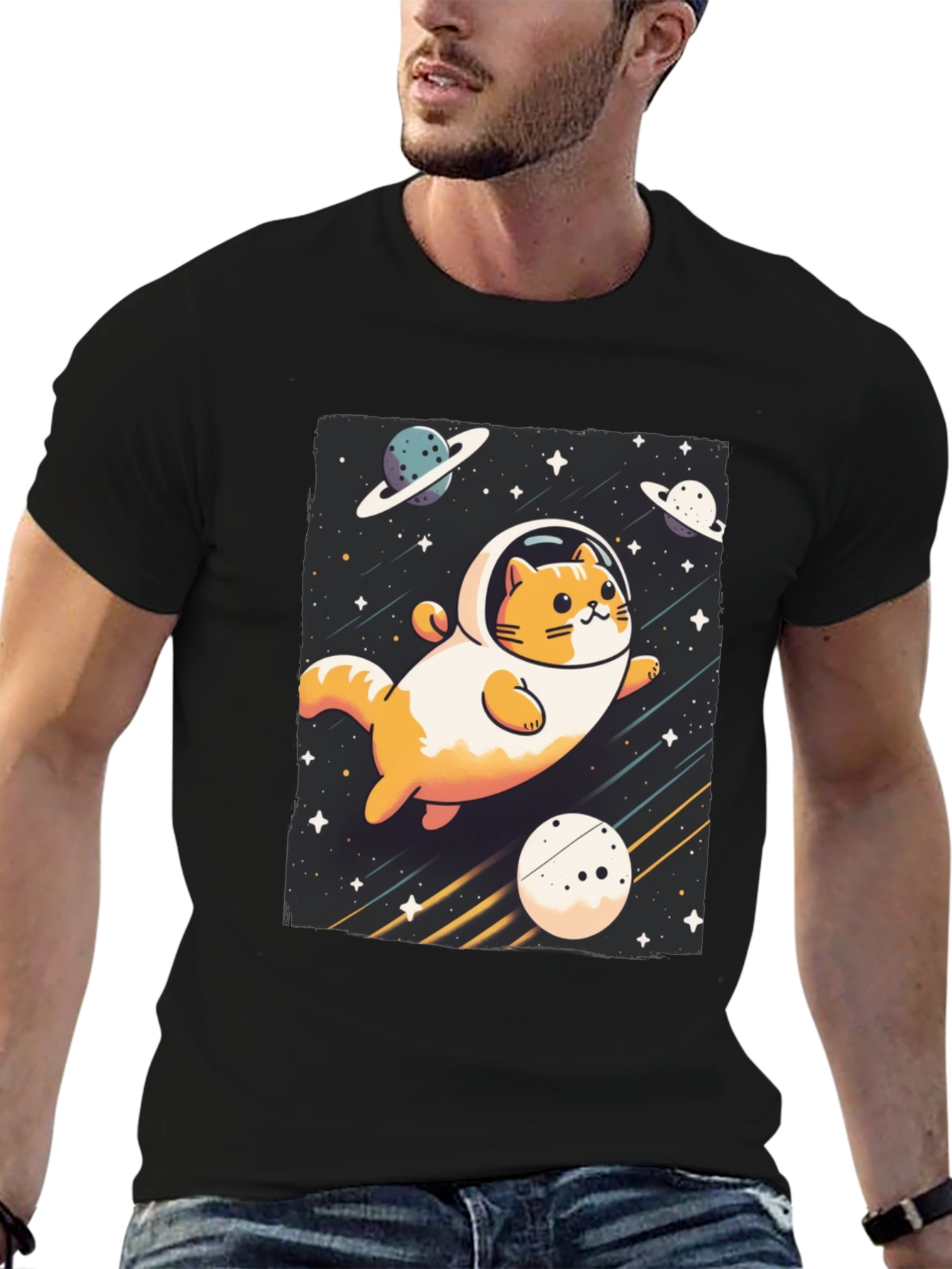 Black Space Cat T-Shirt - Galaxy Adventure Tee view 6