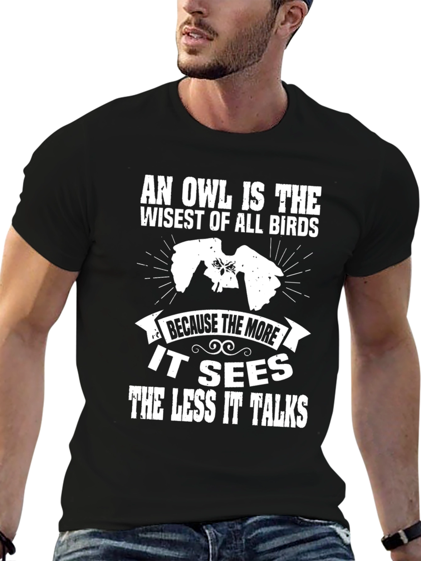 Black Owl Wisdom T-Shirt - "The Less It Talks" Graphic Tee view 6